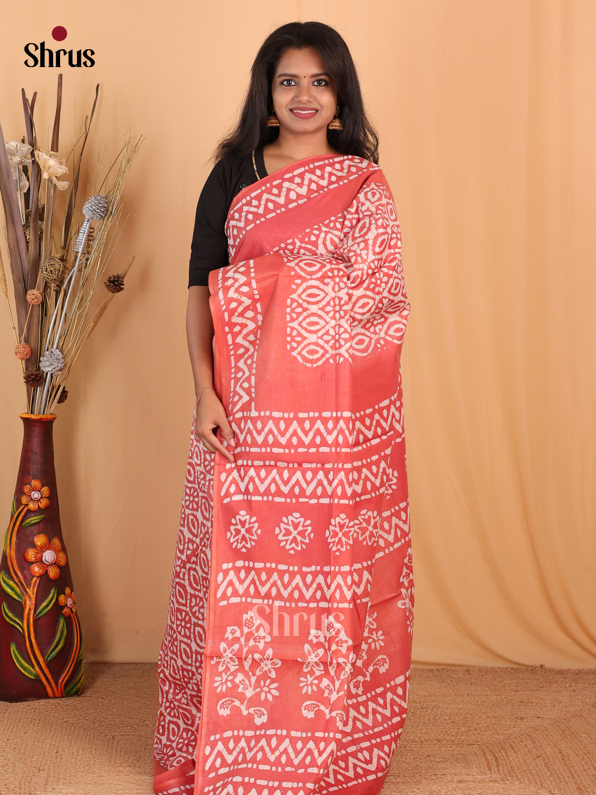 Peachish Orange - Bhatik Saree - Shop on Shrus.com