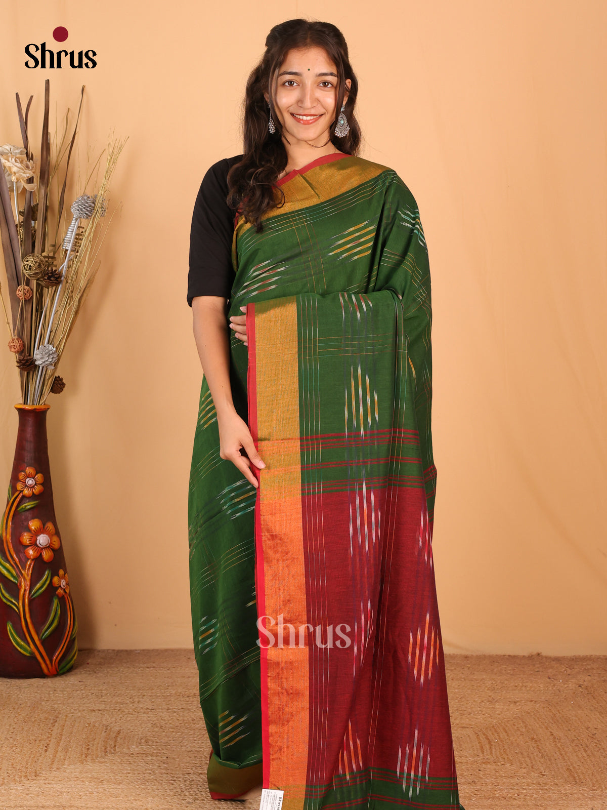 Green & maroon- Bengal cotton Saree - Shop on Shrus.com