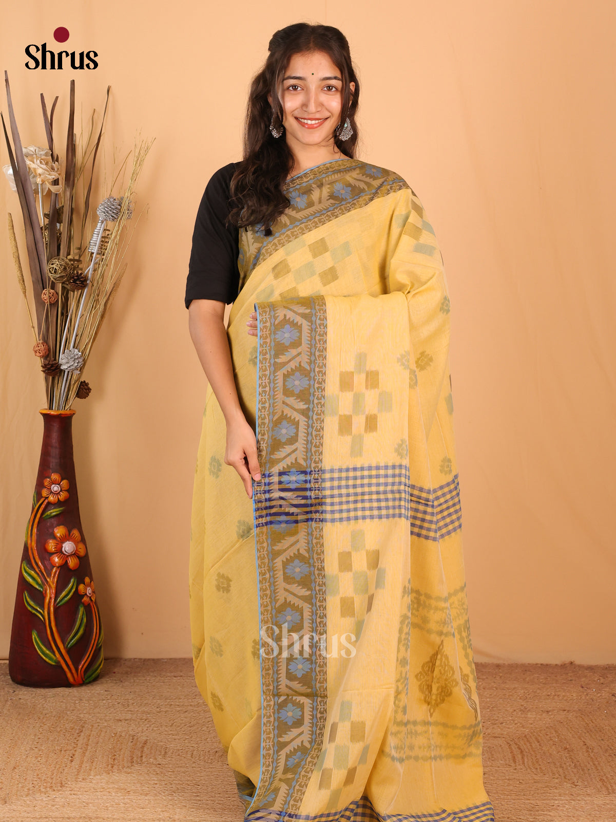 Yellow - Bengal cotton Saree - Shop on Shrus.com