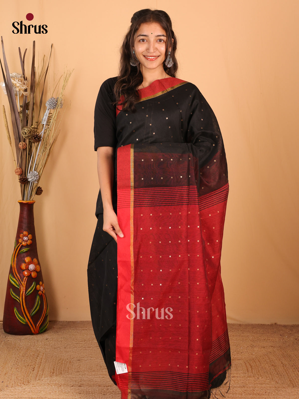 Black & Red - Bengal cotton Saree - Shop on Shrus.com