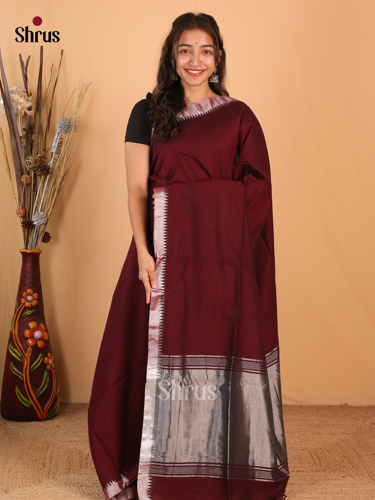 Maroon - Bengal cotton Saree - Shop on Shrus.com