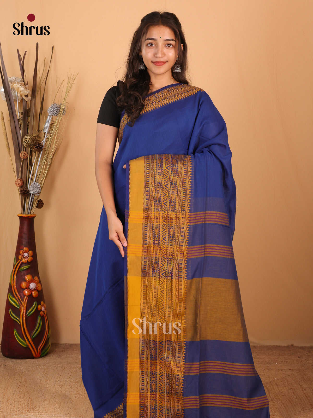 Blue & Mustard - Bengal cotton Saree - Shop on Shrus.com