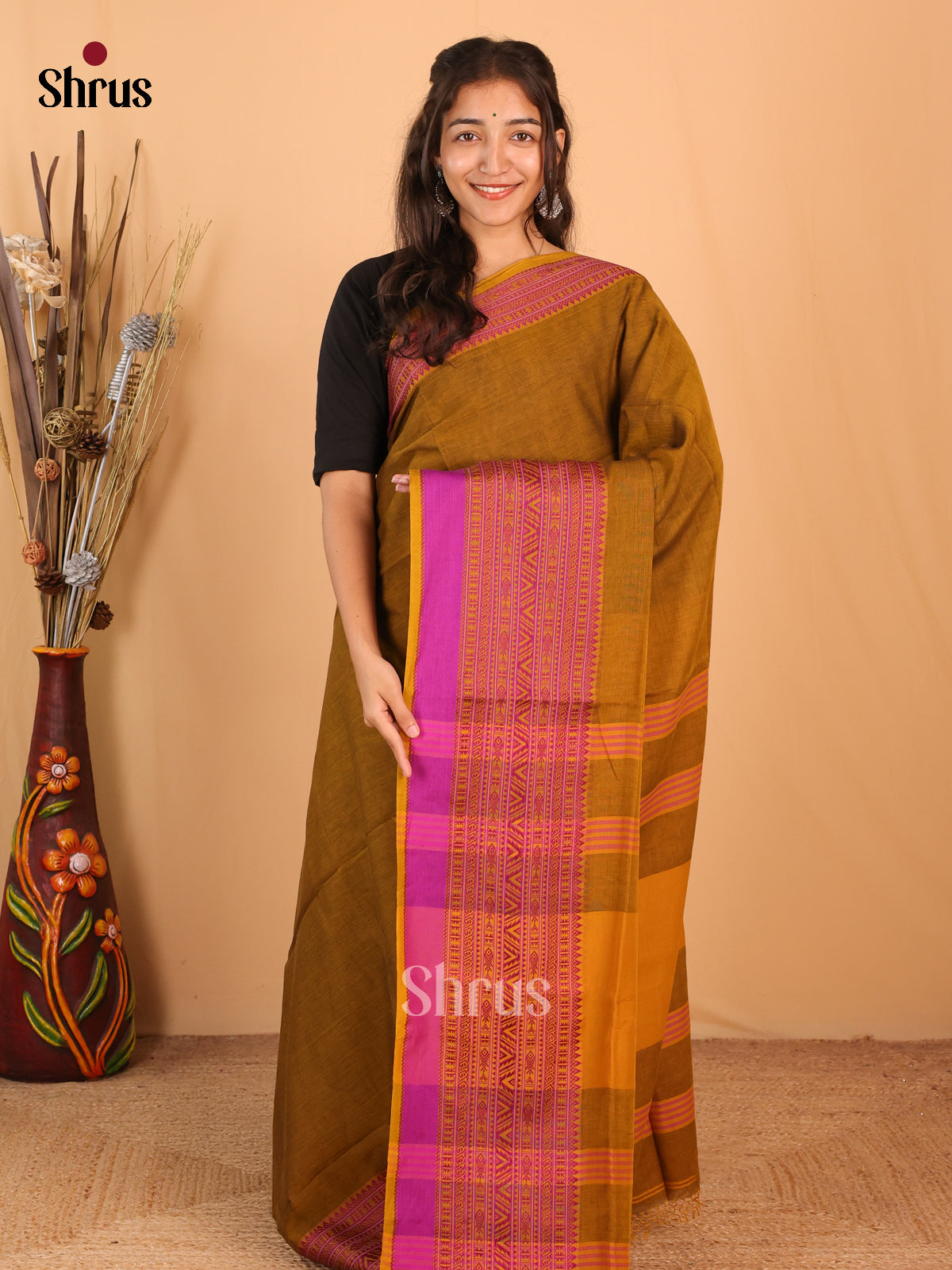 Dark Mustard & Pink - Bengal cotton Saree - Shop on Shrus.com