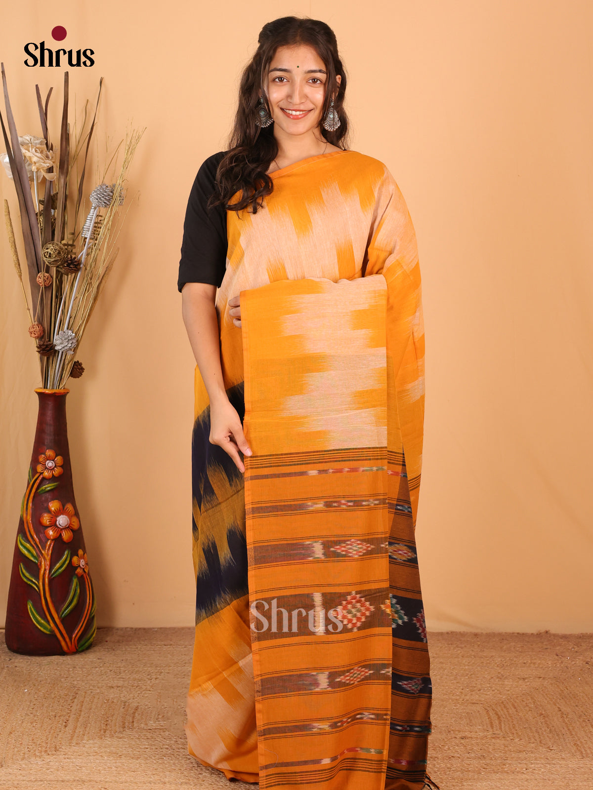 Orange &  Cream - Bengal cotton Saree - Shop on Shrus.com