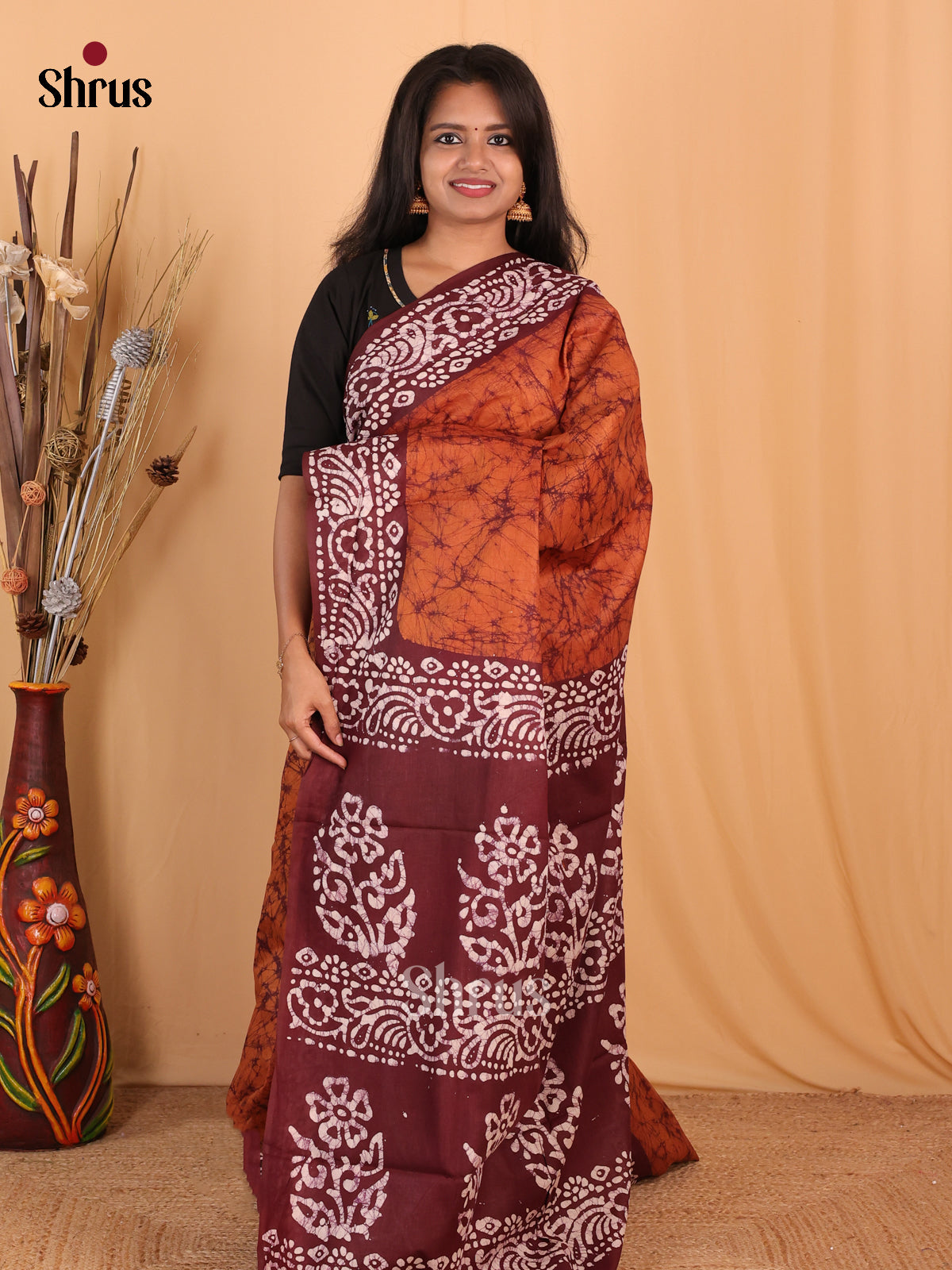 Orange & Brown - Bhatik Saree - Shop on Shrus.com