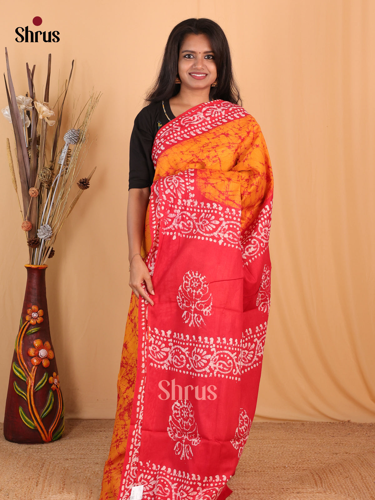 Mustard & Red - Bhatik Saree - Shop on Shrus.com