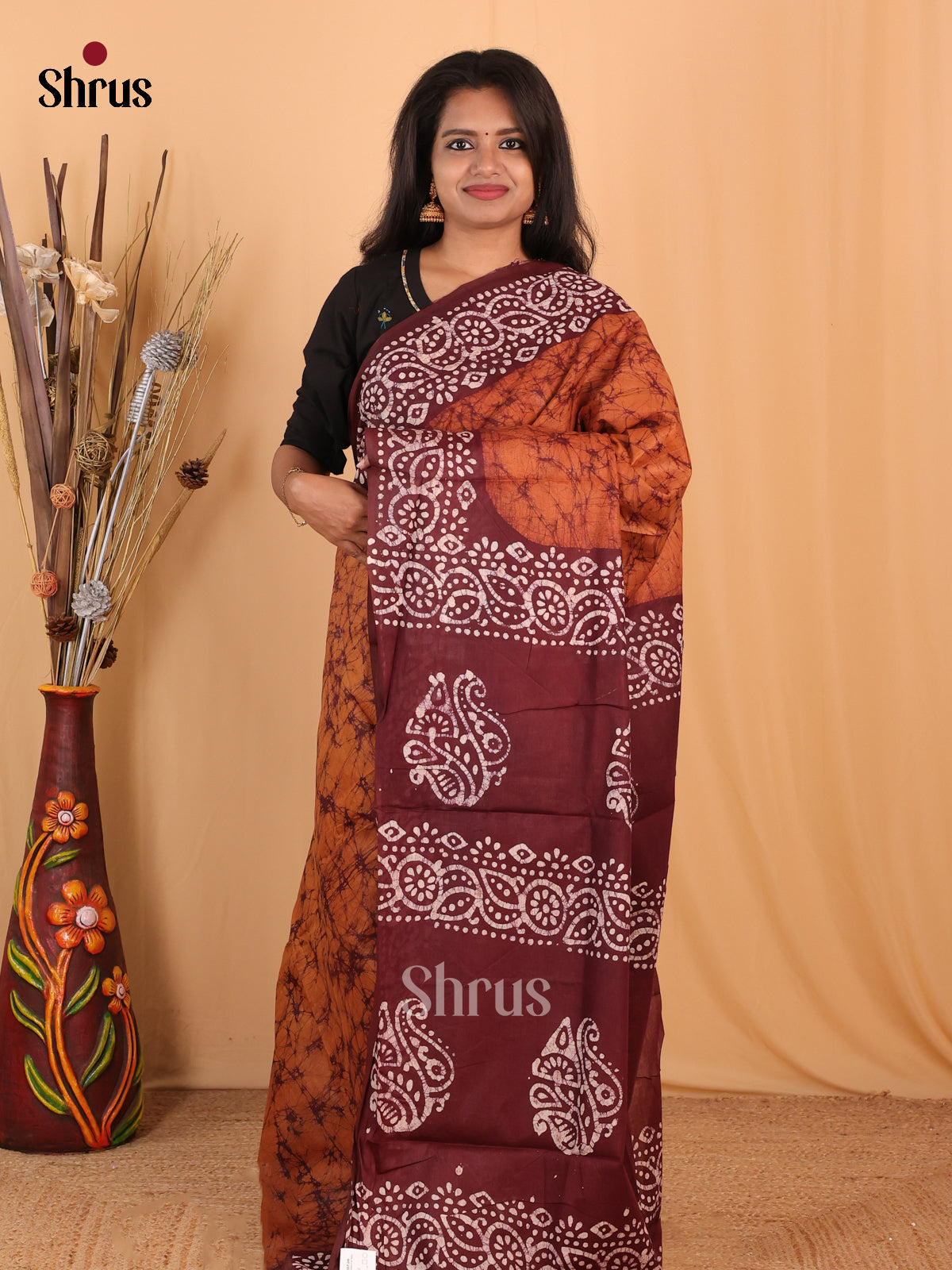 Orange & Brown - Bhatik Saree - Shop on Shrus.com