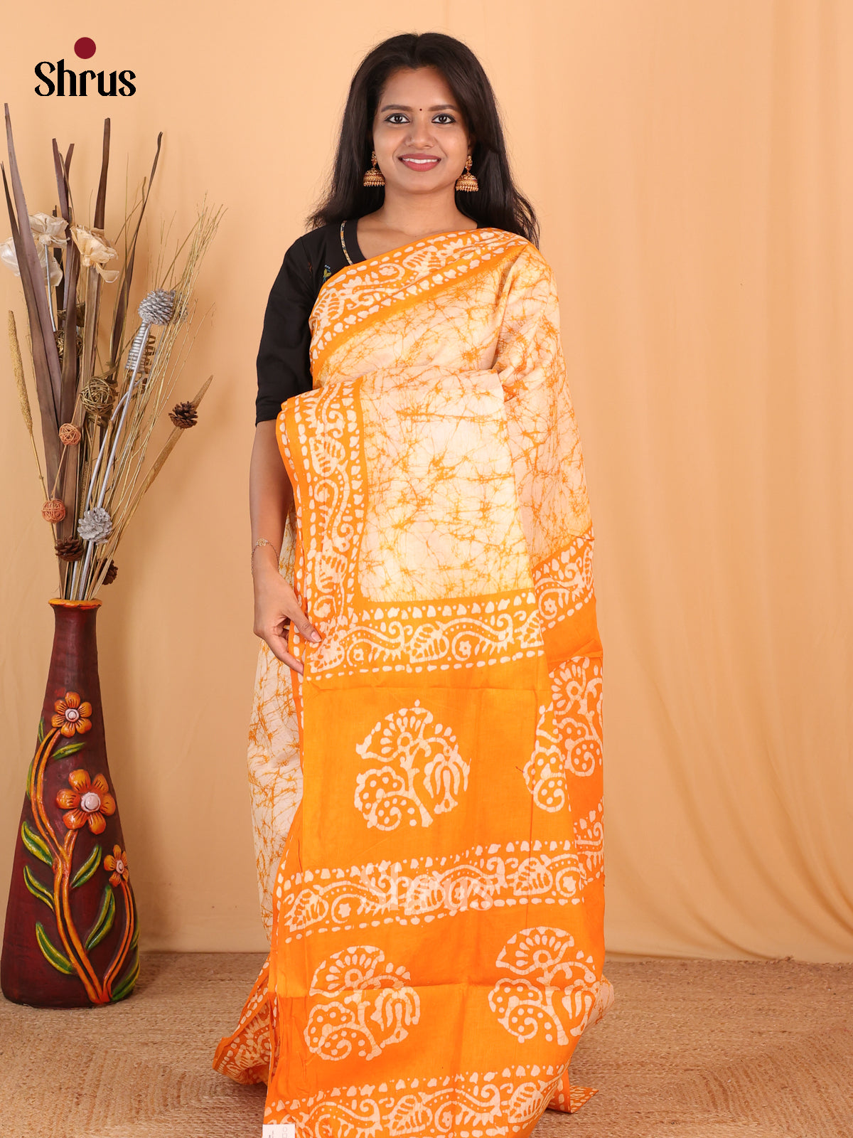 White & Orange - Bhatik Saree - Shop on Shrus.com