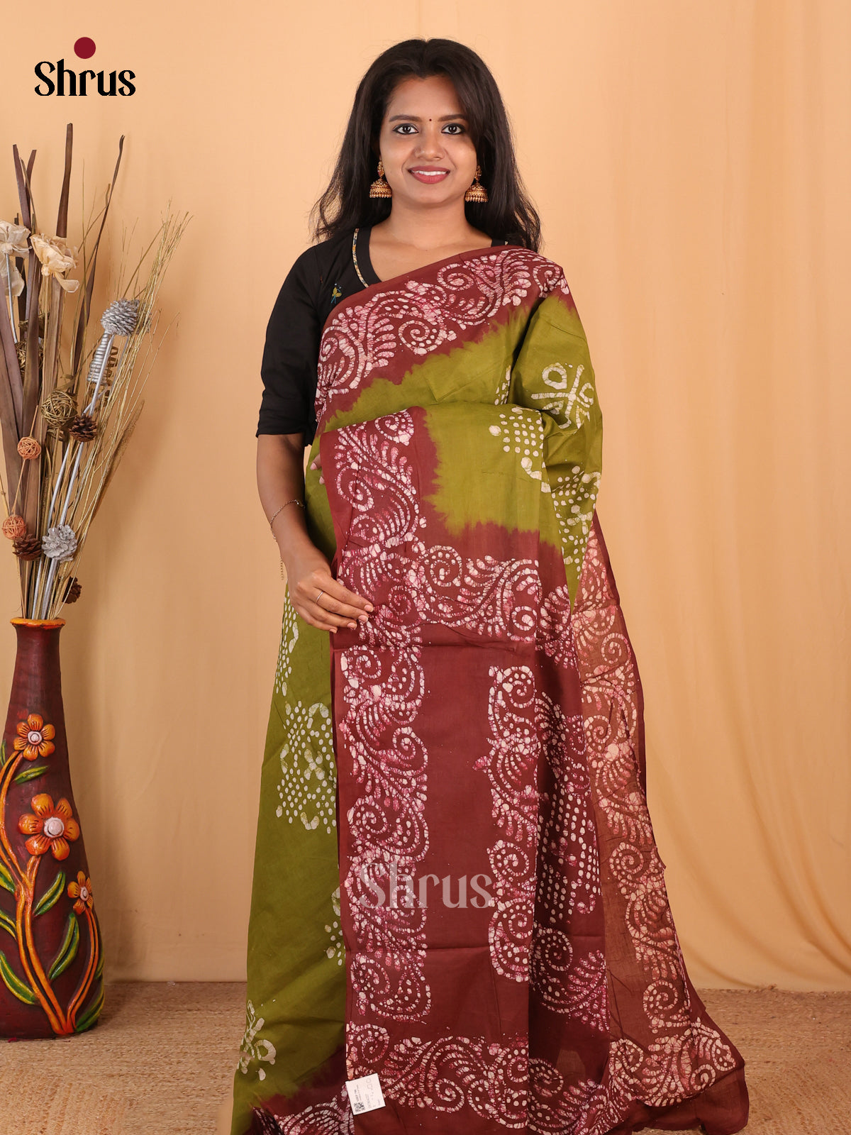 Green & Brown - Bhatik Saree - Shop on Shrus.com
