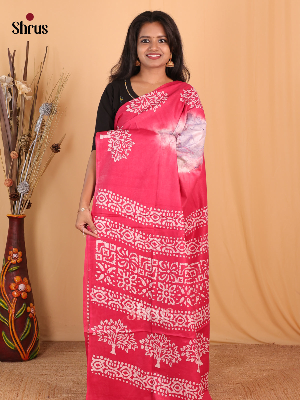 Cream & Pink  - Bhatik Saree - Shop on Shrus.com