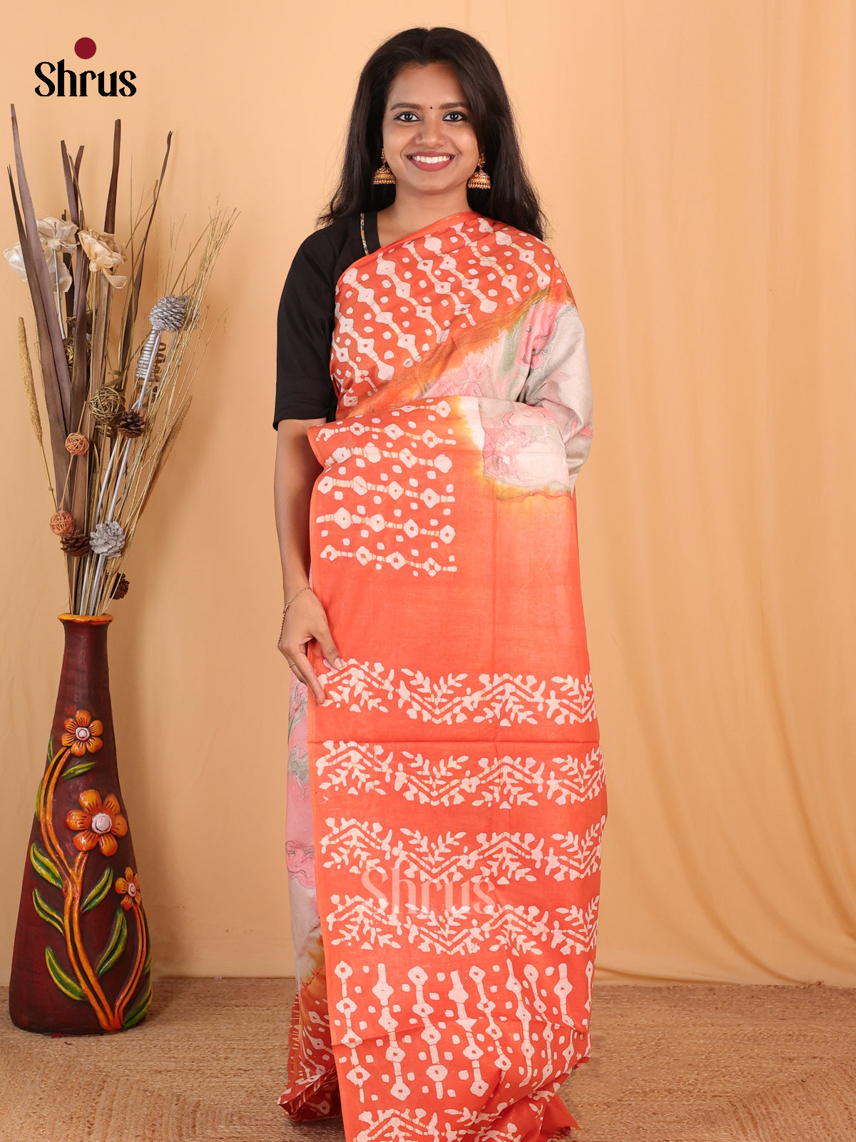 Pink & Orange - Bhatik Saree - Shop on Shrus.com