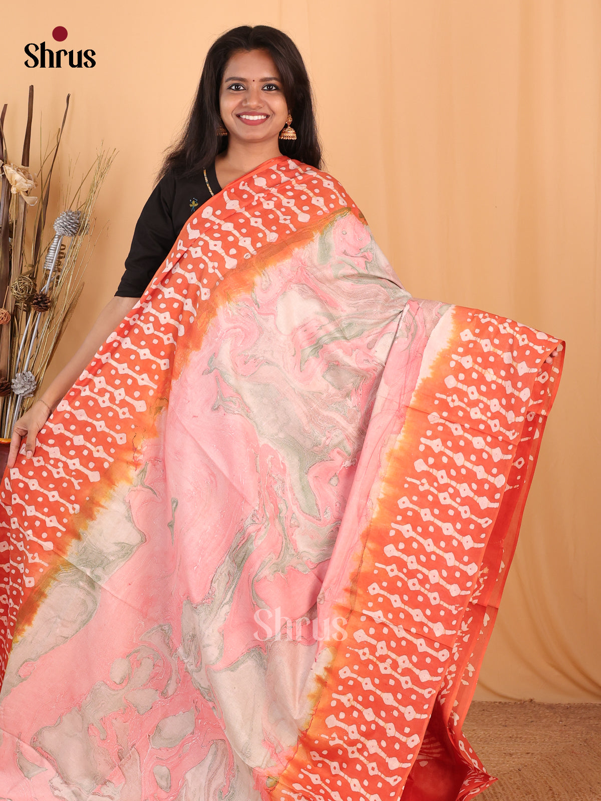 Pink & Orange - Bhatik Saree - Shop on Shrus.com