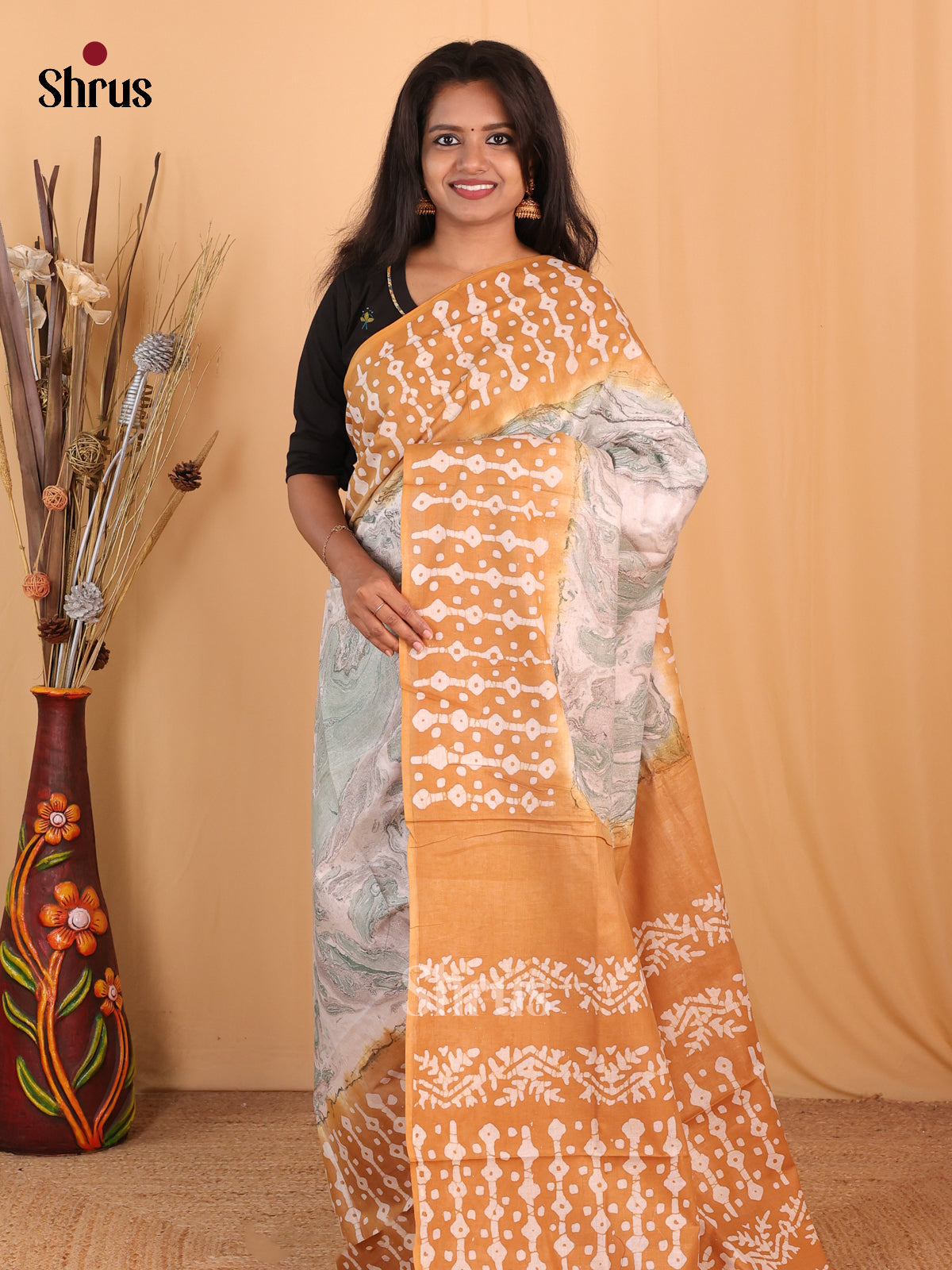 Peach & Brown- Bhatik Saree - Shop on Shrus.com
