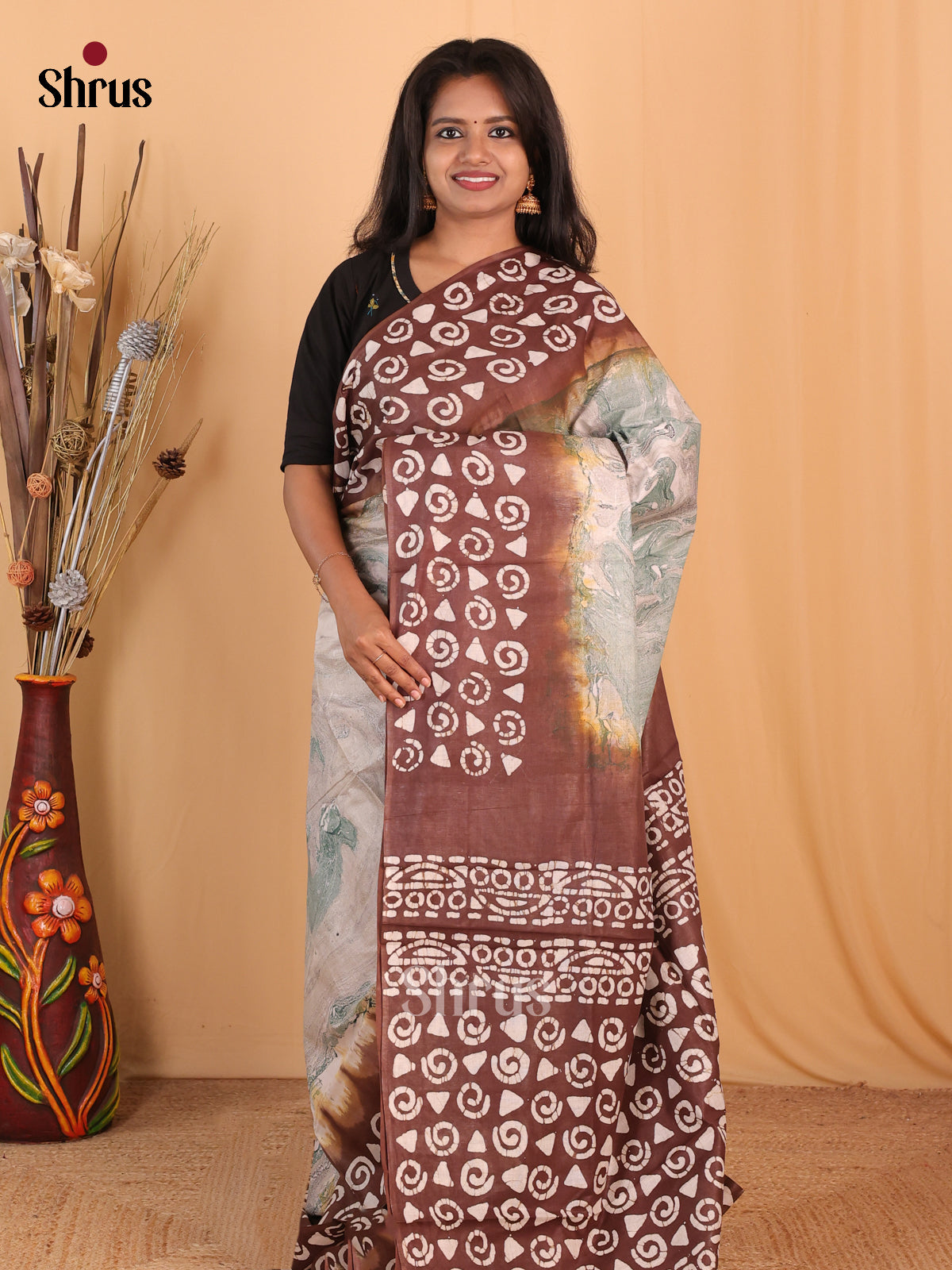 Peach & Brown - Bhatik Saree - Shop on Shrus.com