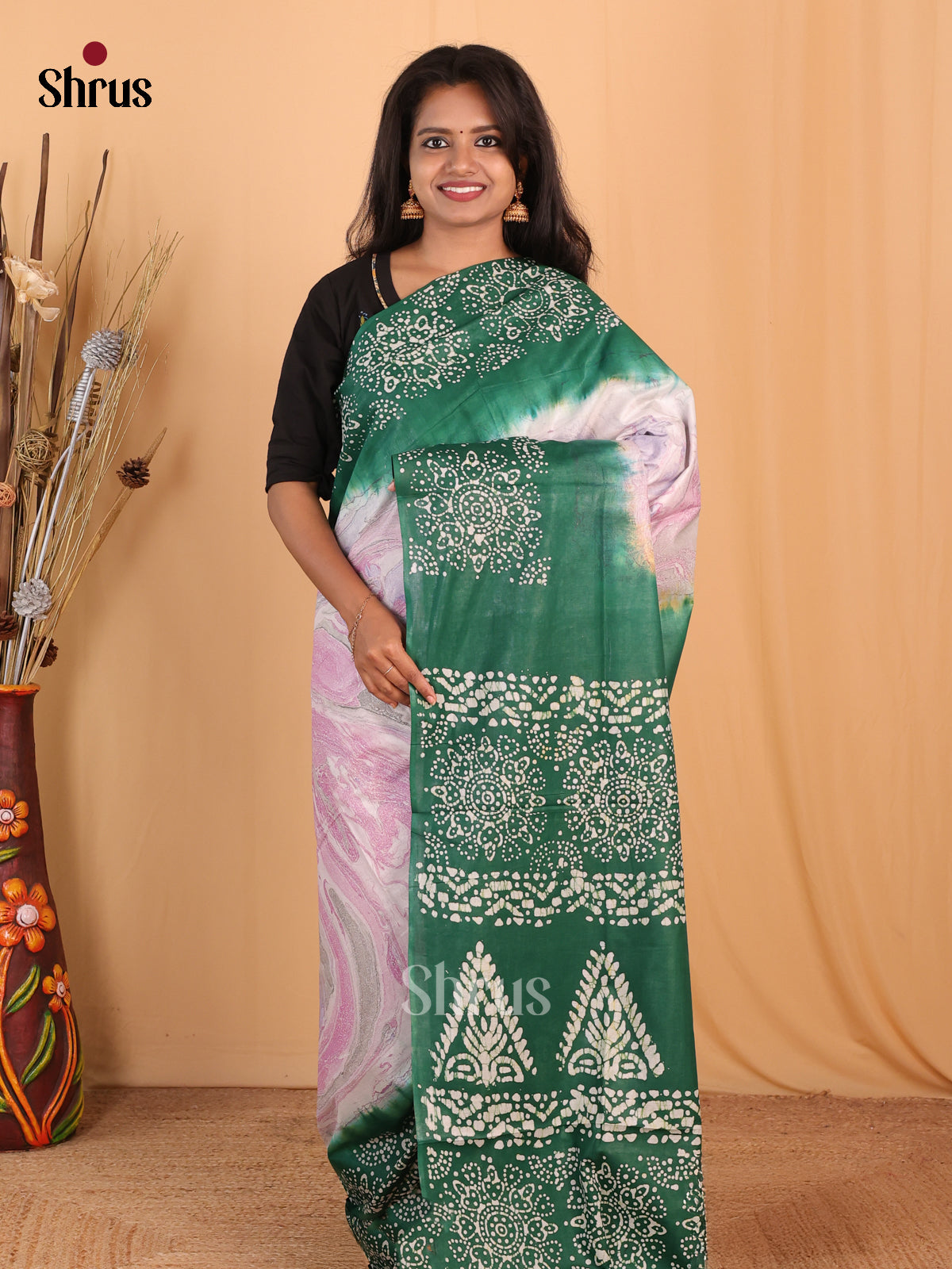 Pink & Green - Bhatik Saree - Shop on Shrus.com