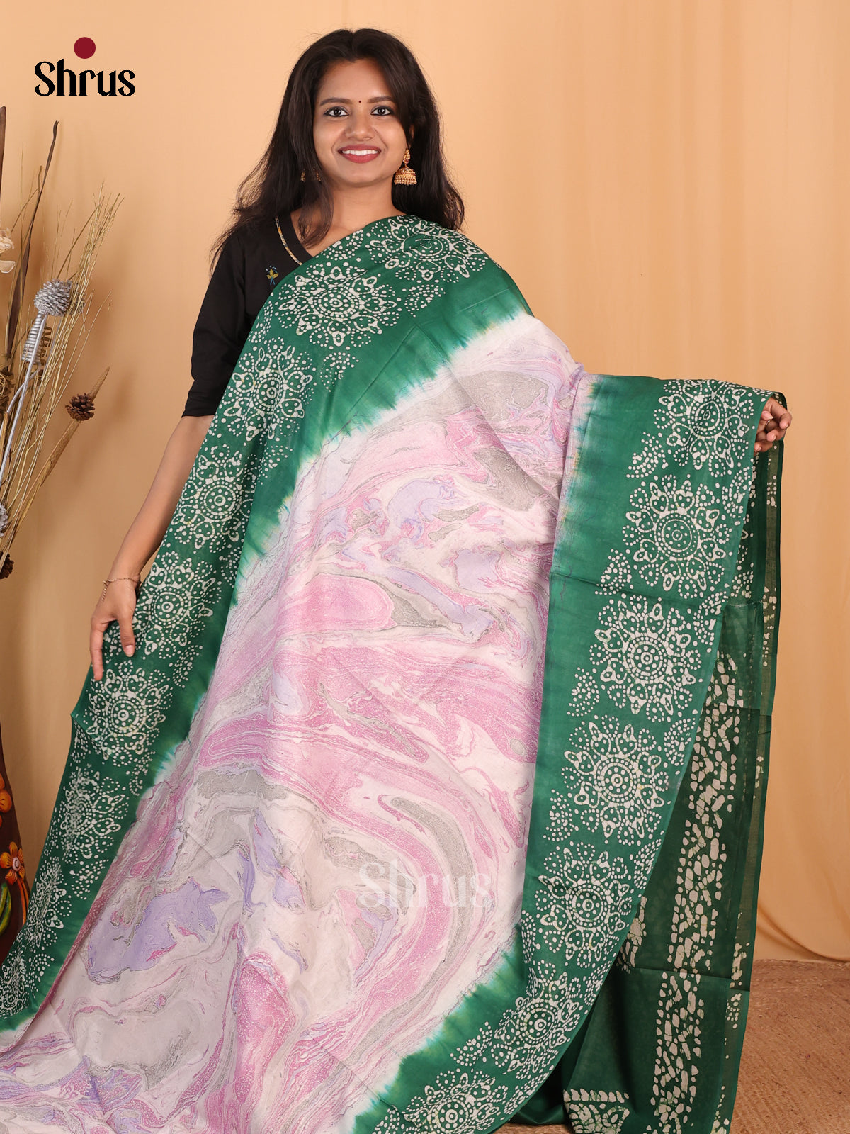 Pink & Green - Bhatik Saree - Shop on Shrus.com