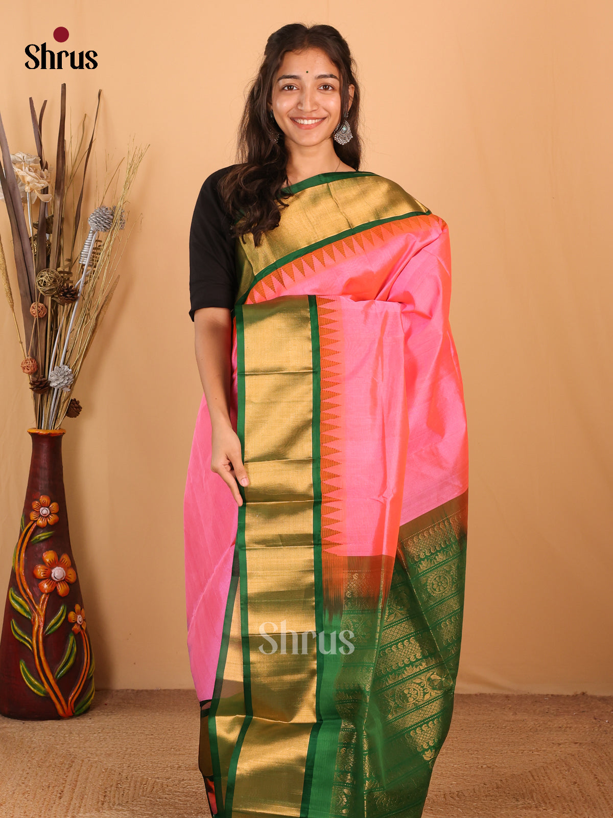 Pink & Green - Silk Cotton Saree - Shop on Shrus.com