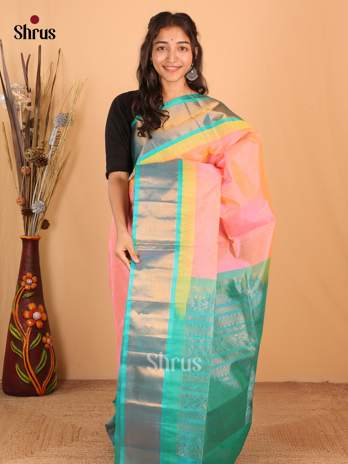 Peachish Pink & Teal - Silk Cotton Saree - Shop on Shrus.com