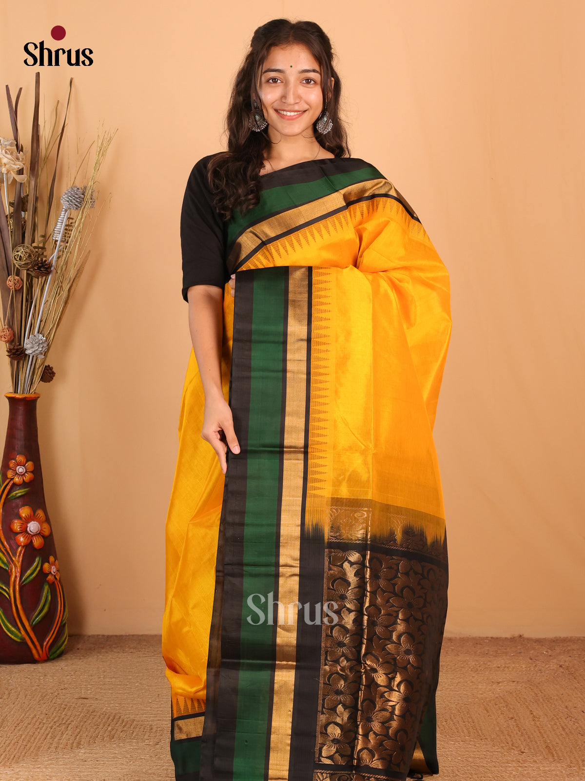 Mustard & Black - Silk Cotton Saree - Shop on Shrus.com