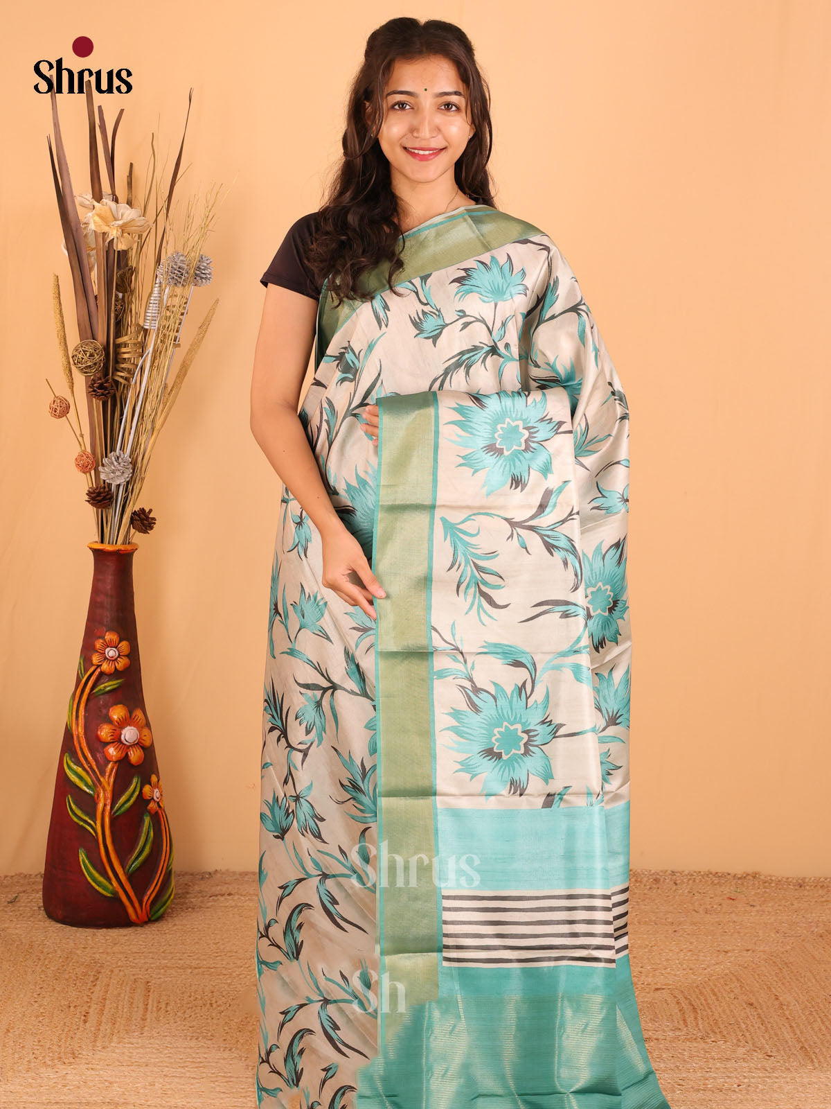 Cream & Sky Blue - Printed Tussar saree - DCS04439 - Shop on Shrus.com