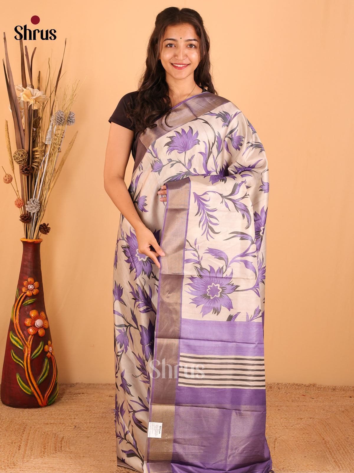 Sandal & Purple - Printed Tussar saree - DCS04452 - Shop on Shrus.com