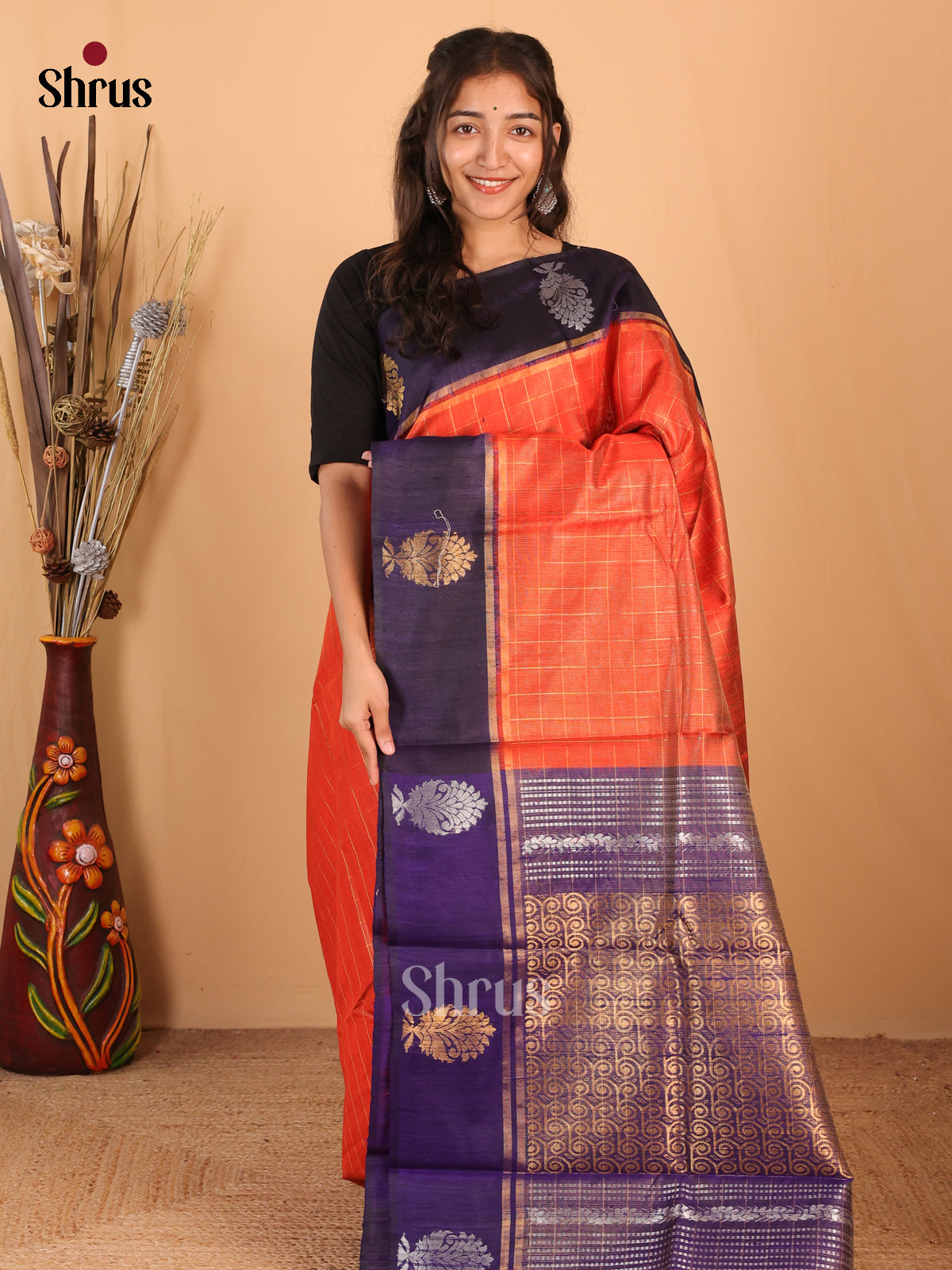 Orange & Blue- Raw Silk Saree - Shop on Shrus.com