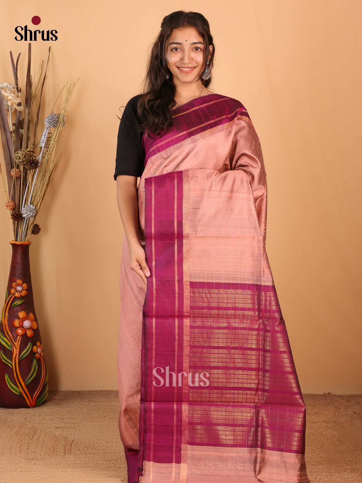 Dusty Brown & Purple- Raw Silk Saree - Shop on Shrus.com