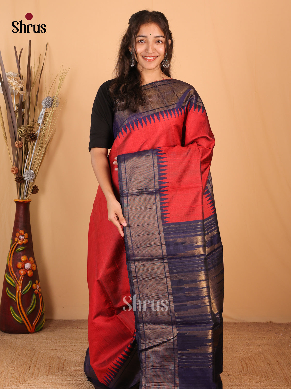 Red & Blue - Raw Silk Saree - Shop on Shrus.com