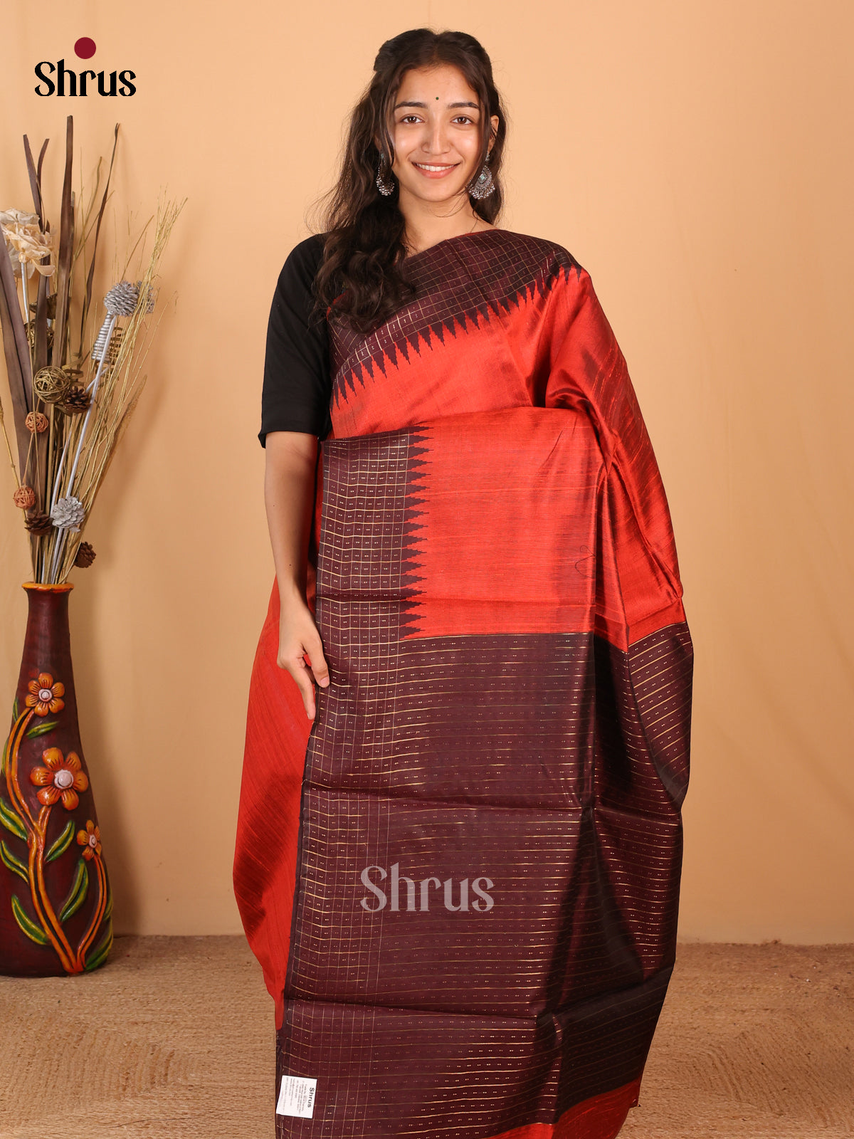 Red & Brown - Raw Silk Saree - Shop on Shrus.com