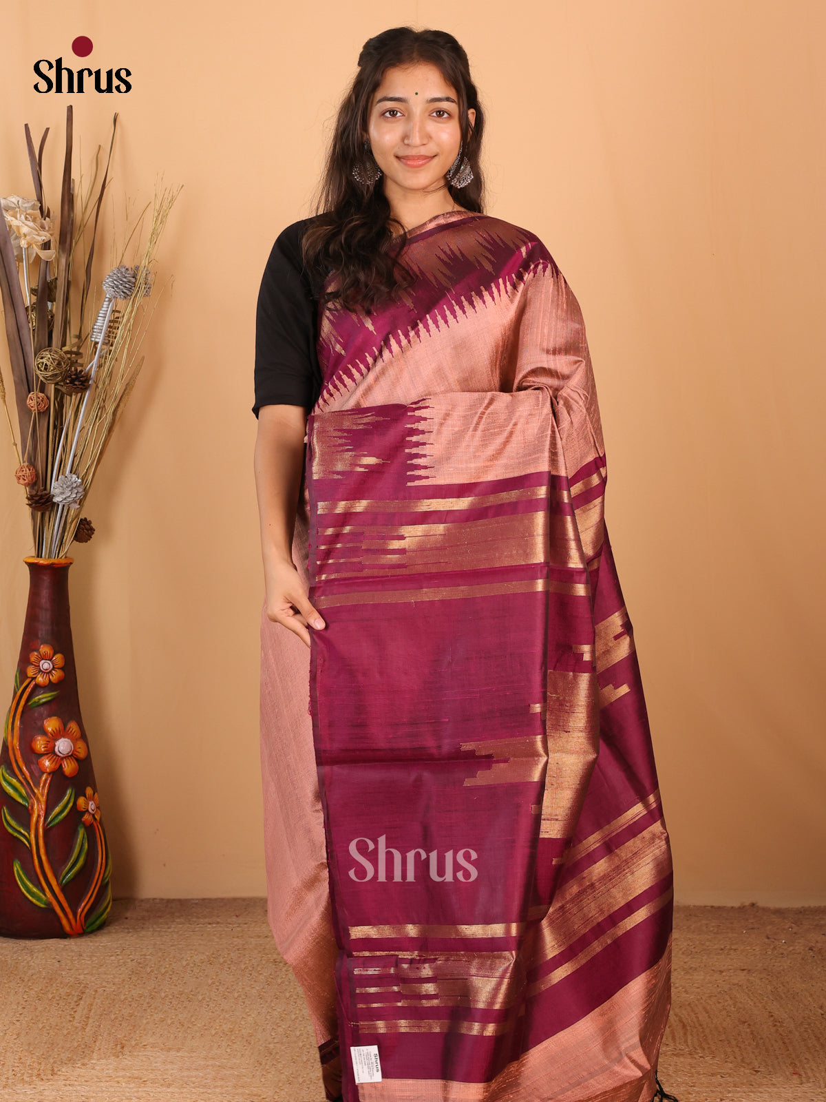 Dusty Pink & Maroon - Raw Silk Saree - Shop on Shrus.com