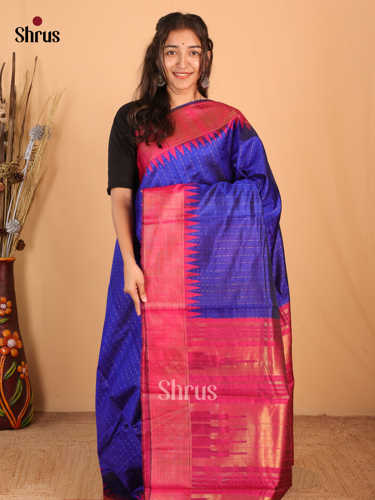 Blue & Maroon  - Raw Silk Saree - Shop on Shrus.com