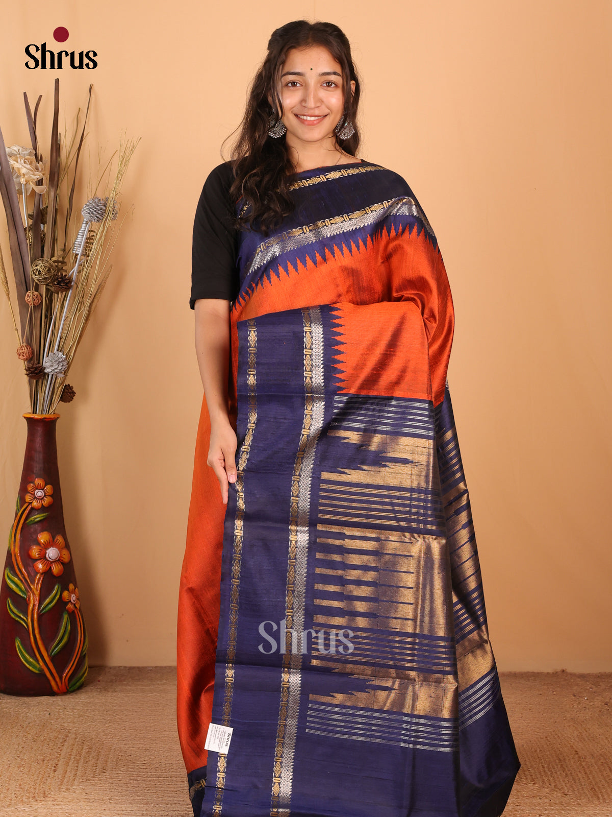 Orange & Blue - Raw Silk Saree - Shop on Shrus.com
