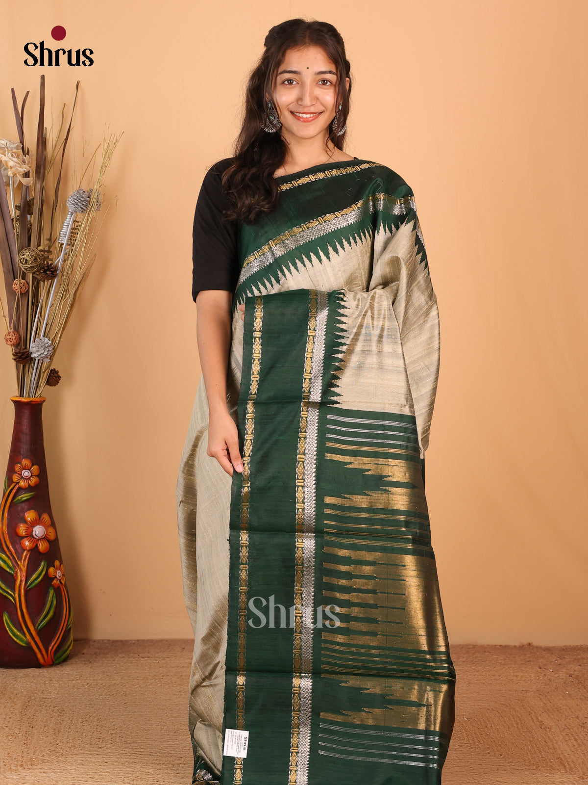 Grey & Green- Raw Silk Saree - Shop on Shrus.com
