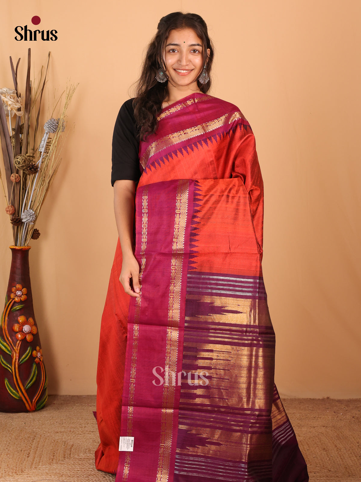 Rust & Purple- Raw Silk Saree - Shop on Shrus.com