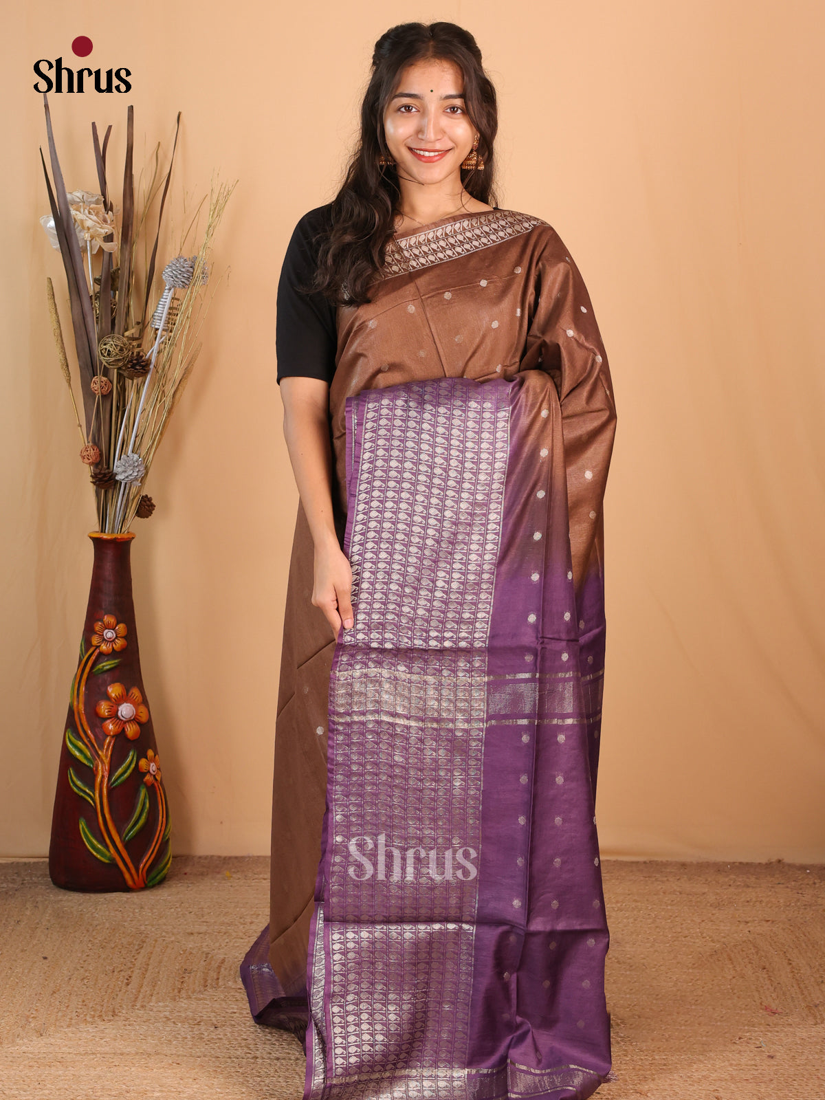 Brown & Violet- Semi Tussar Saree - Shop on Shrus.com