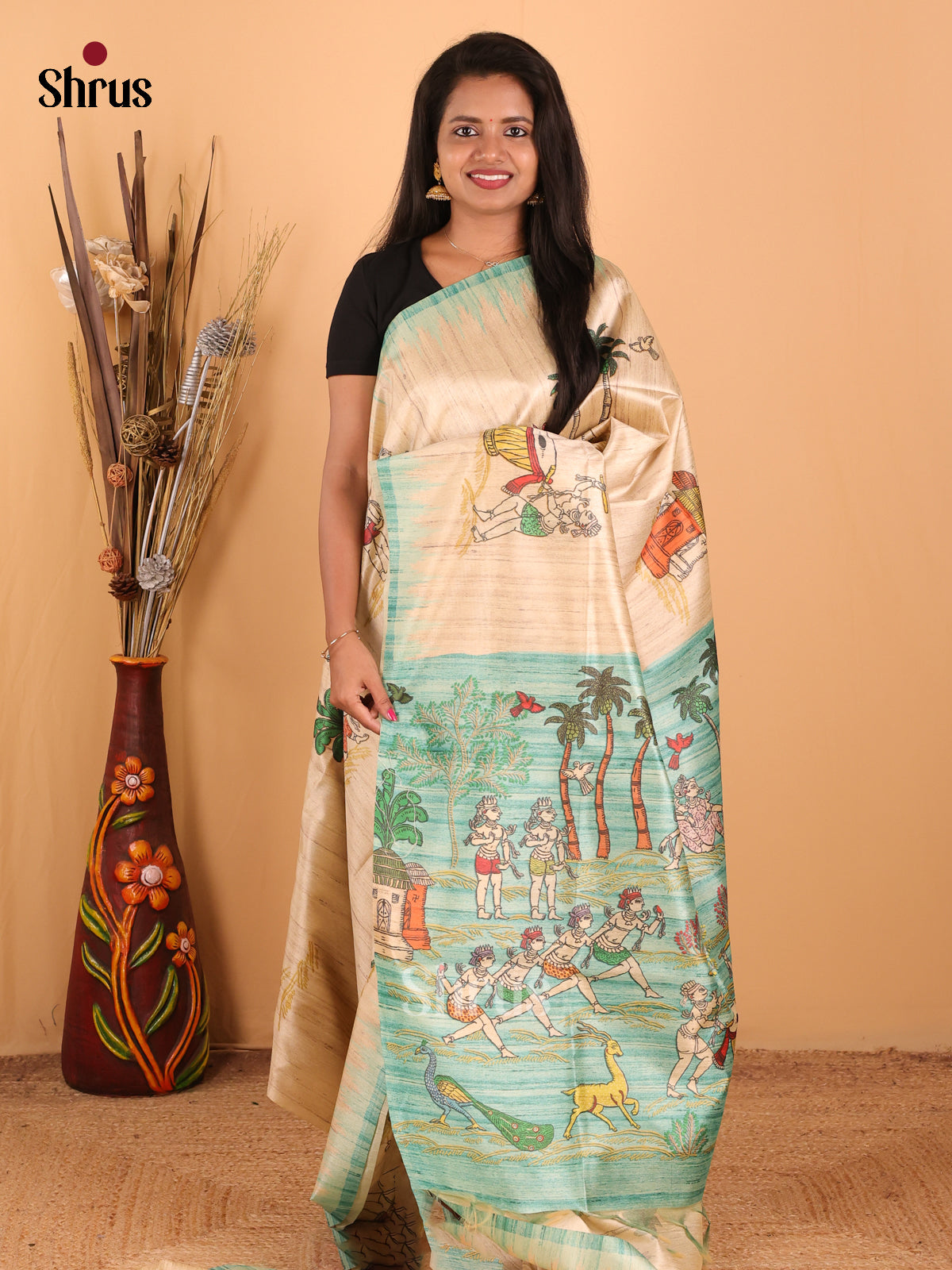 Cream & Blue - Printed Madhubani Saree - Shop on Shrus.com