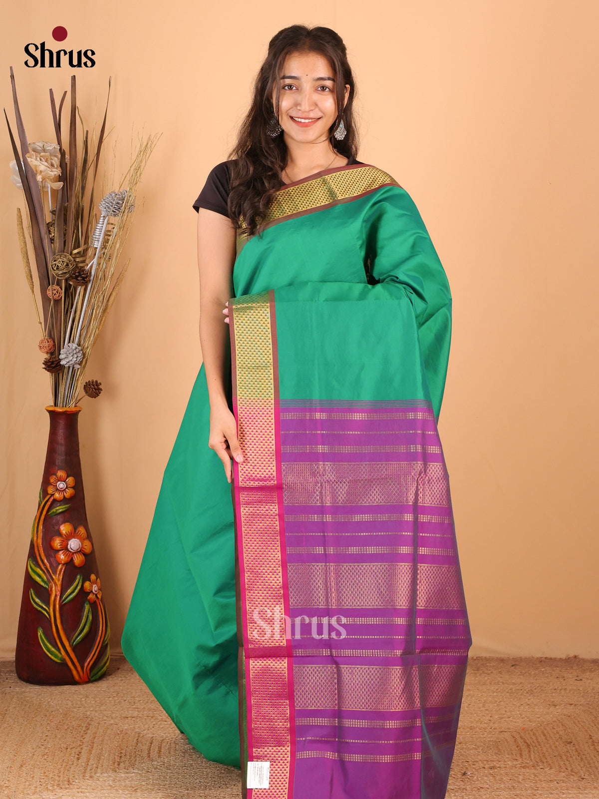 Green & Purple  - Silkcotton-halfpure Saree - Shop on Shrus.com