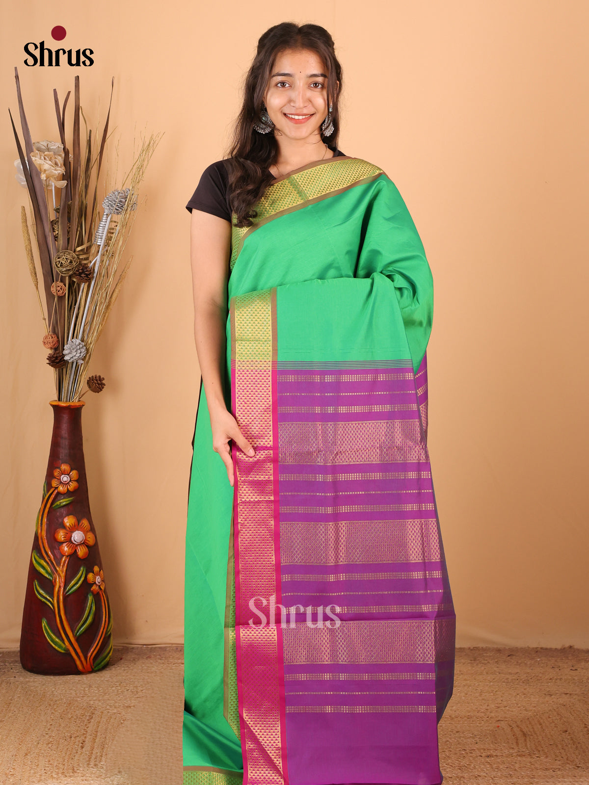 Green & Purple - Silkcotton-halfpure Saree - Shop on Shrus.com
