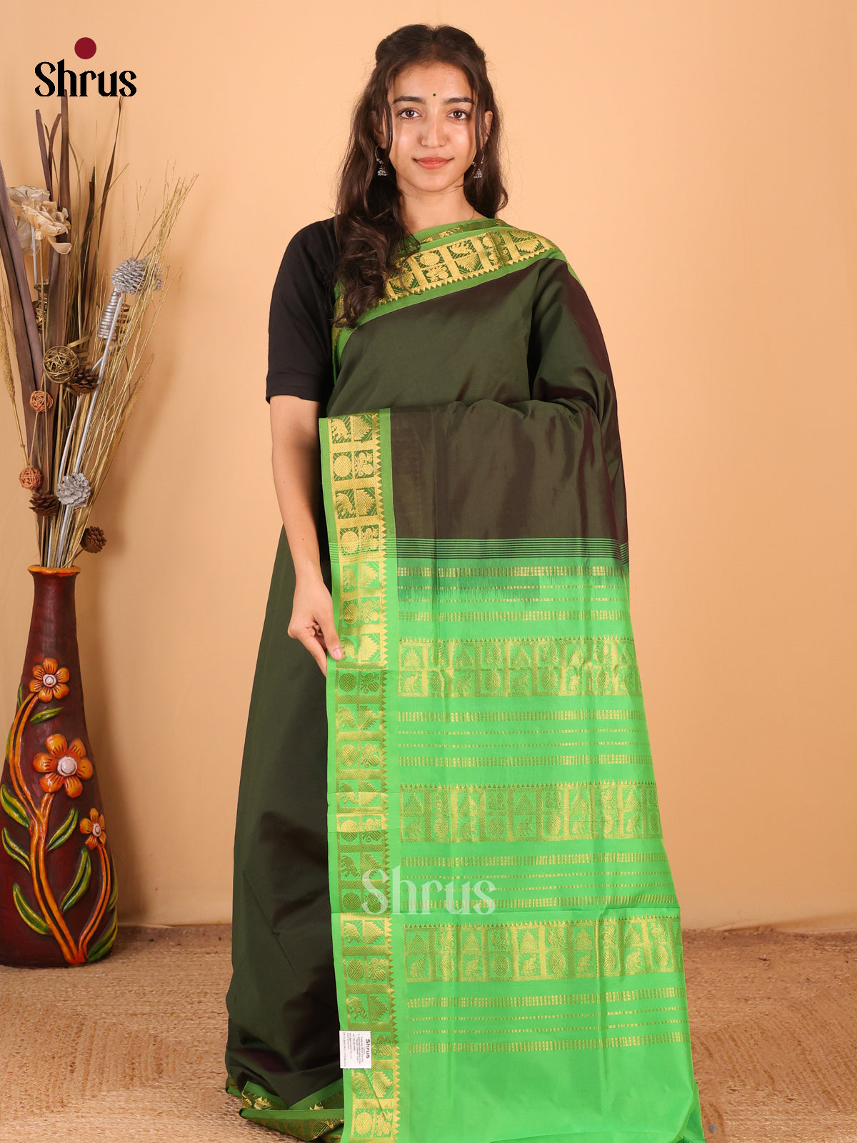 Dark Green & Green - Silkcotton-halfpure  Saree - Shop on Shrus.com