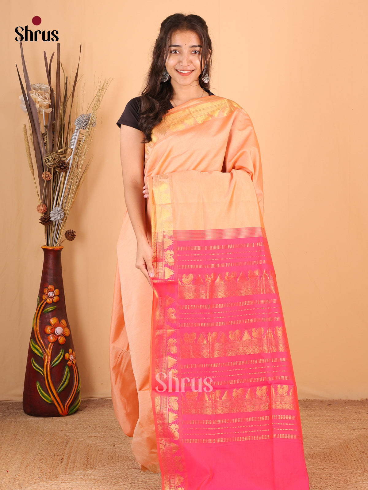 Peach & Pink - Silkcotton-halfpure Saree - Shop on Shrus.com