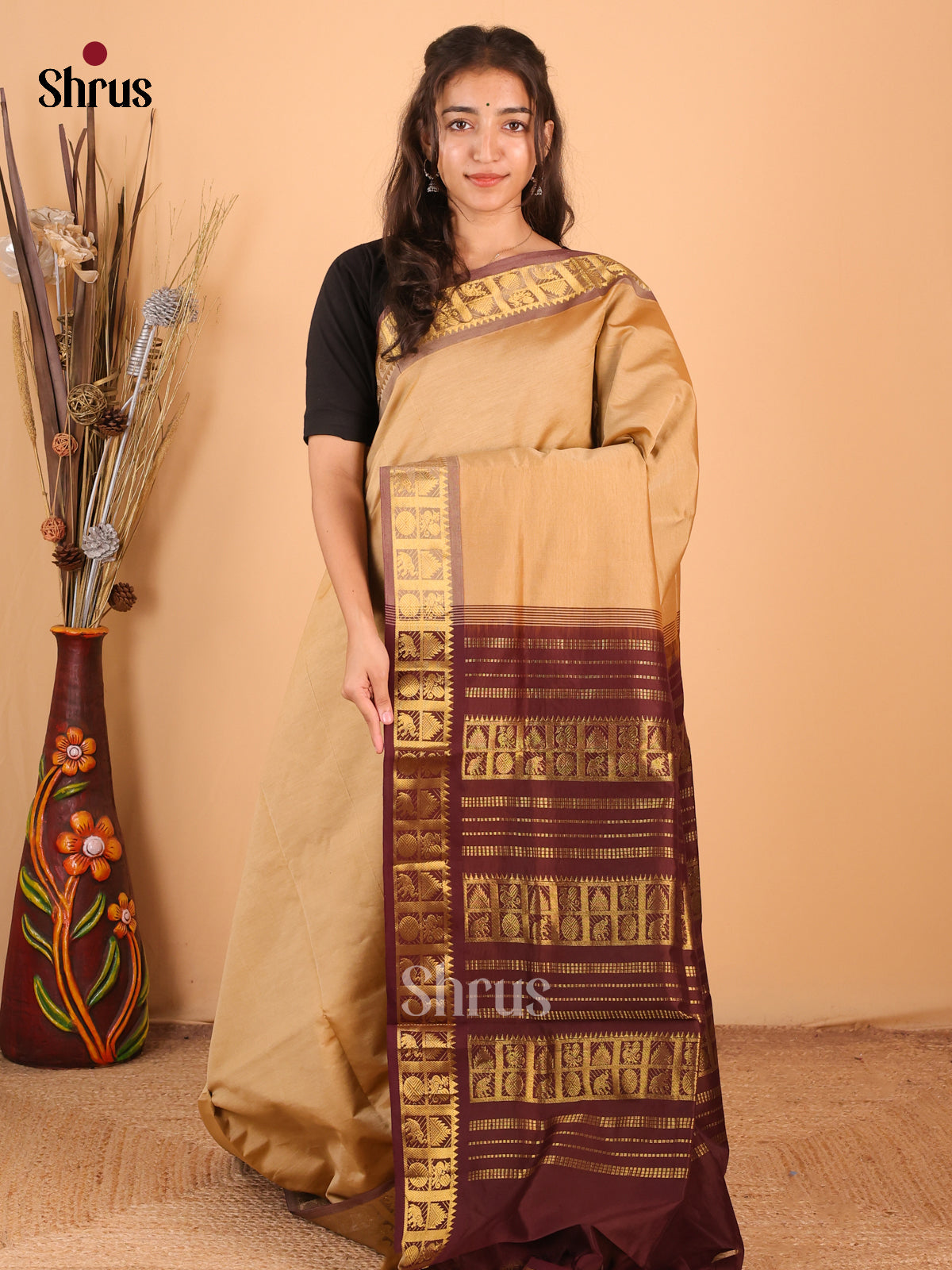 Sandal & Brown - Silkcotton-halfpure  Saree - Shop on Shrus.com