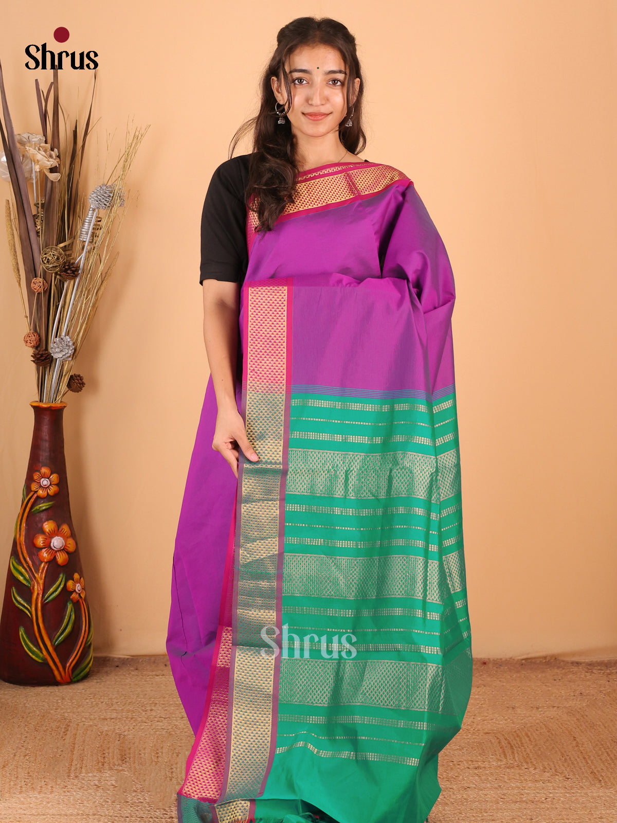 Purple & Green- Silkcotton-halfpure  Saree - Shop on Shrus.com