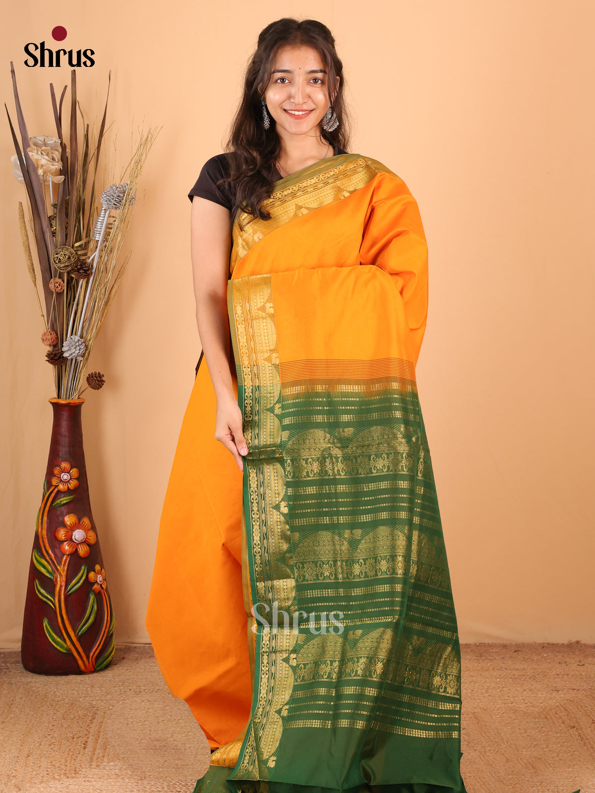 Orange & Green - Silkcotton-halfpure Saree - Shop on Shrus.com