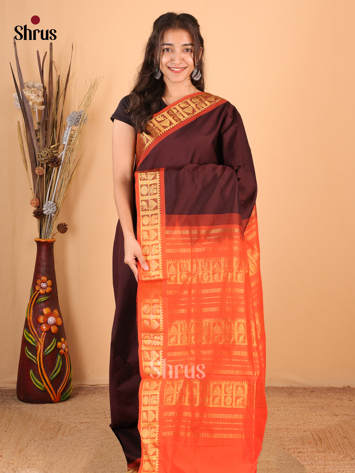 Brown & Orange - Silkcotton-halfpure Saree - Shop on Shrus.com
