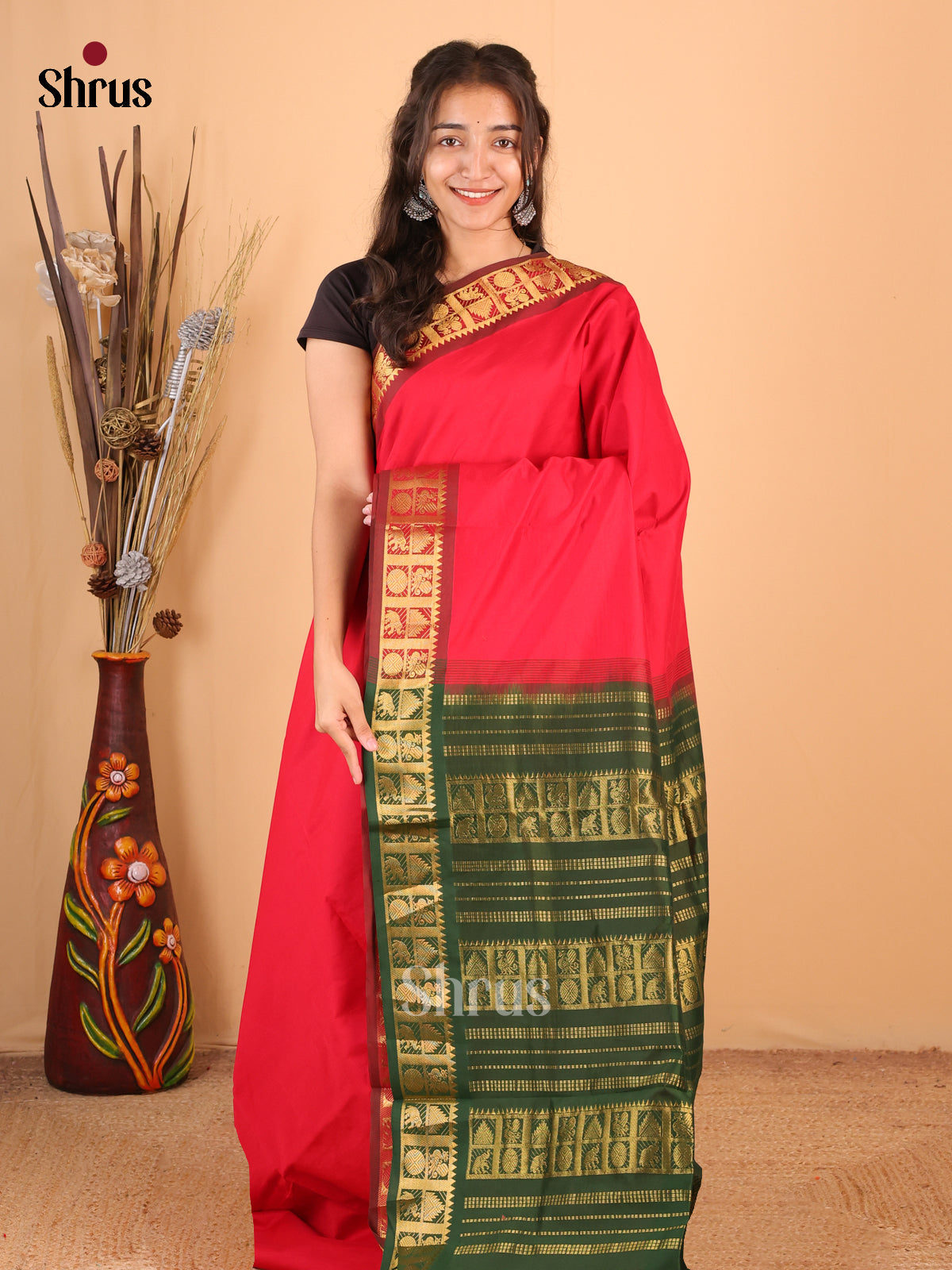 Red & Green - Silkcotton-halfpure Saree - Shop on Shrus.com
