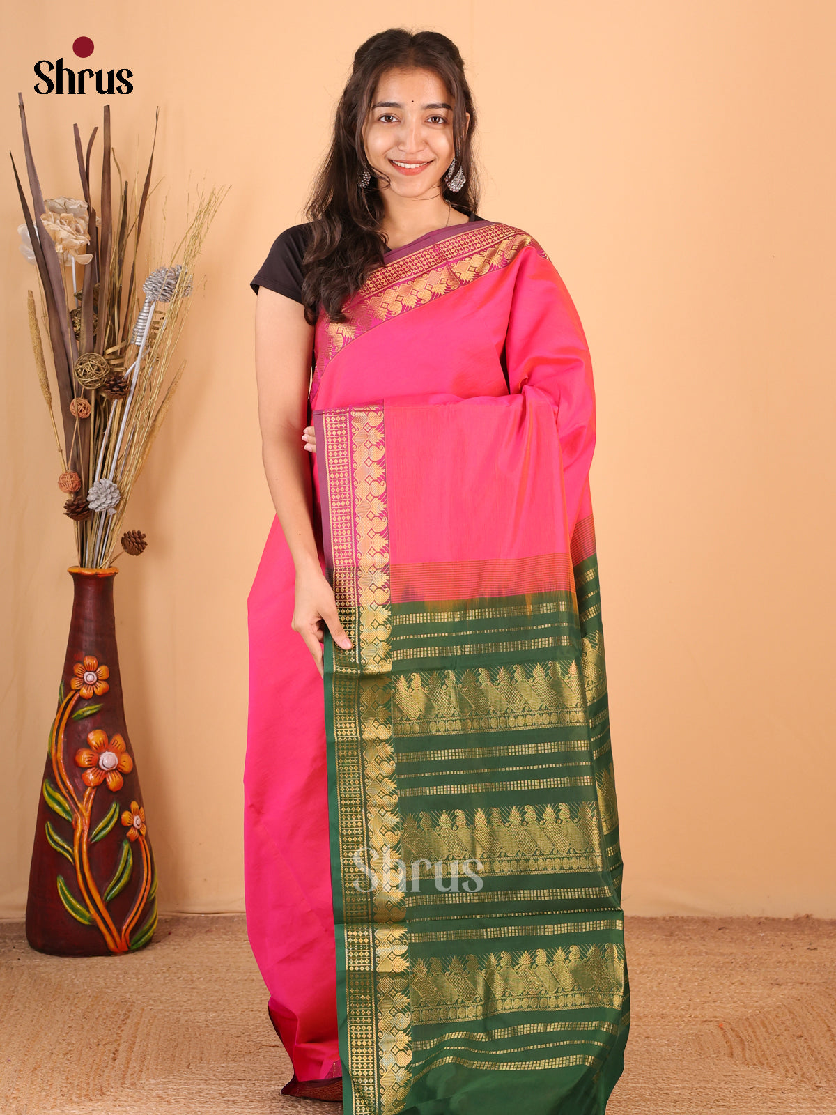 Pink & Green- Silkcotton-halfpure Saree - Shop on Shrus.com