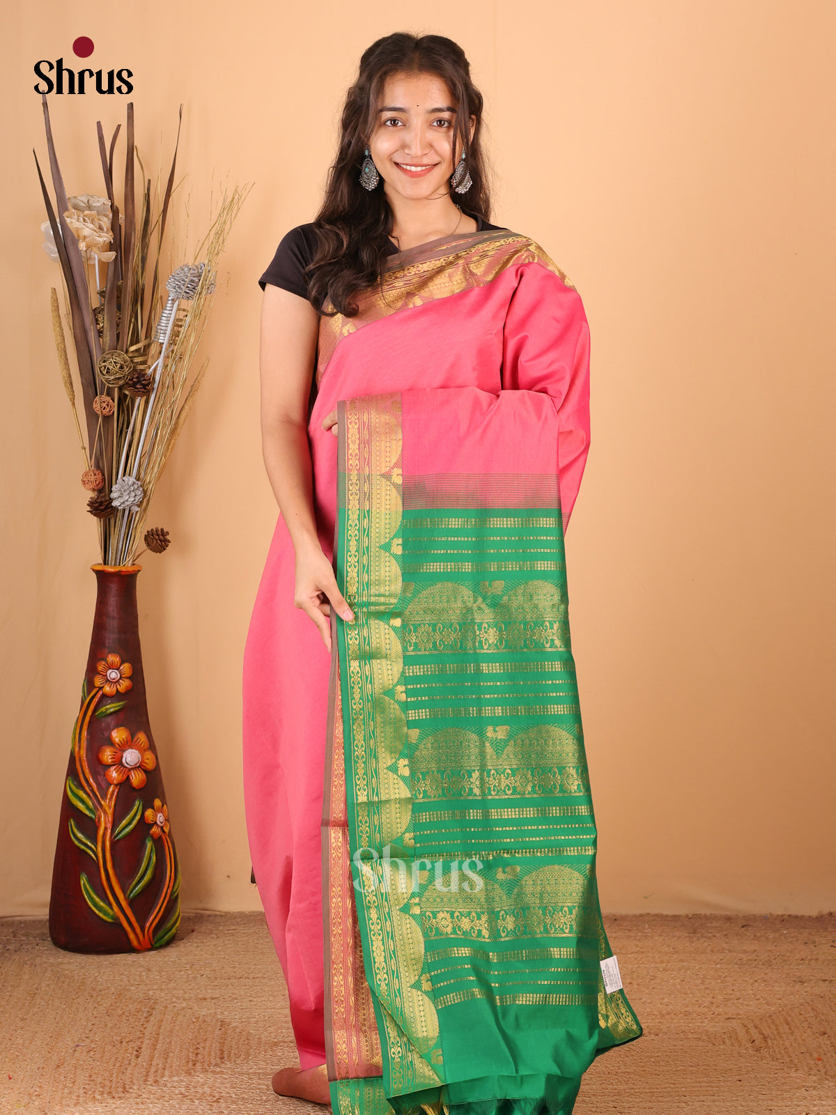 Pink & Green - Silkcotton-halfpure Saree - Shop on Shrus.com
