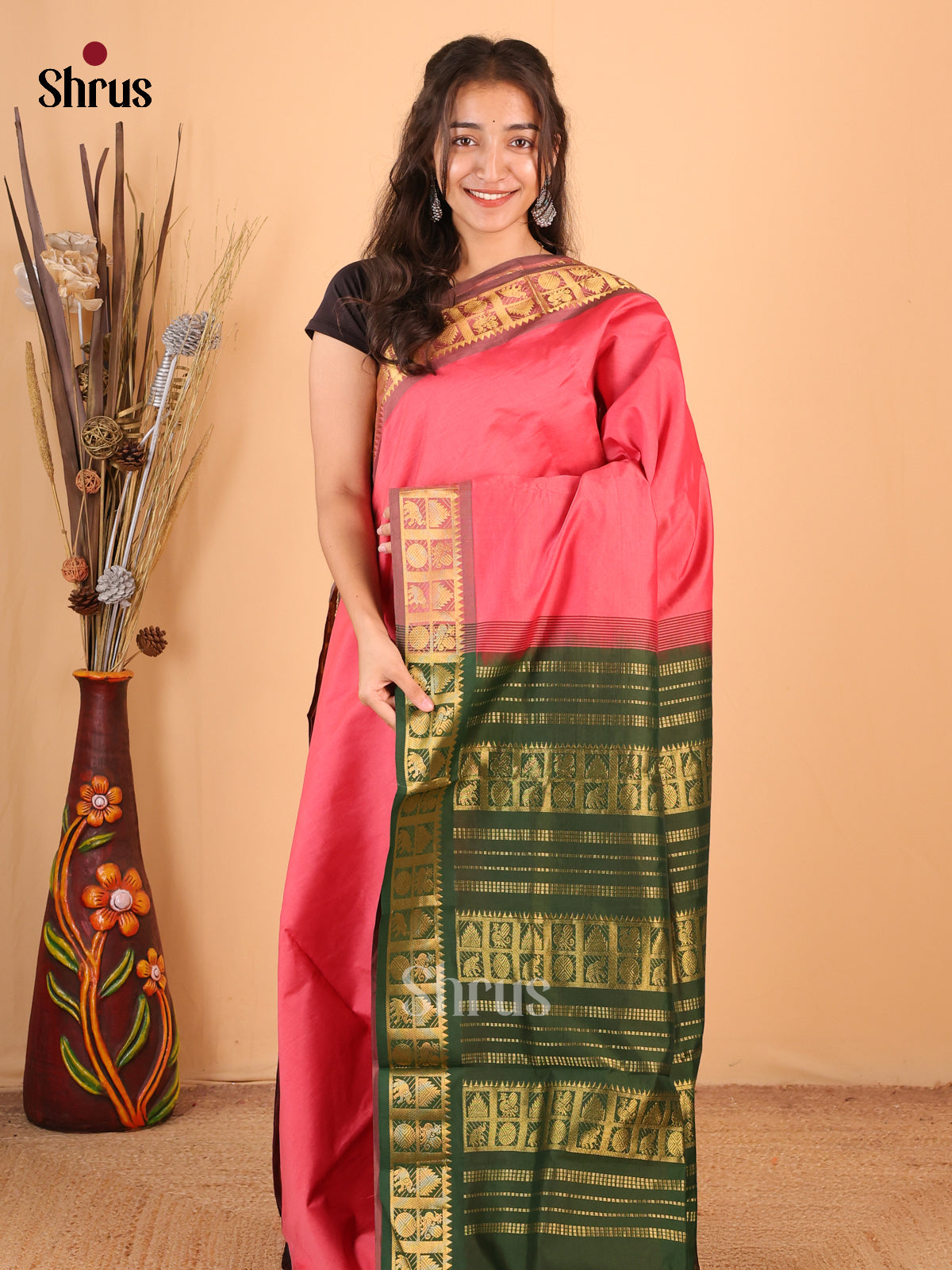 Lotus Pink & Green - Silkcotton-halfpure Saree - Shop on Shrus.com