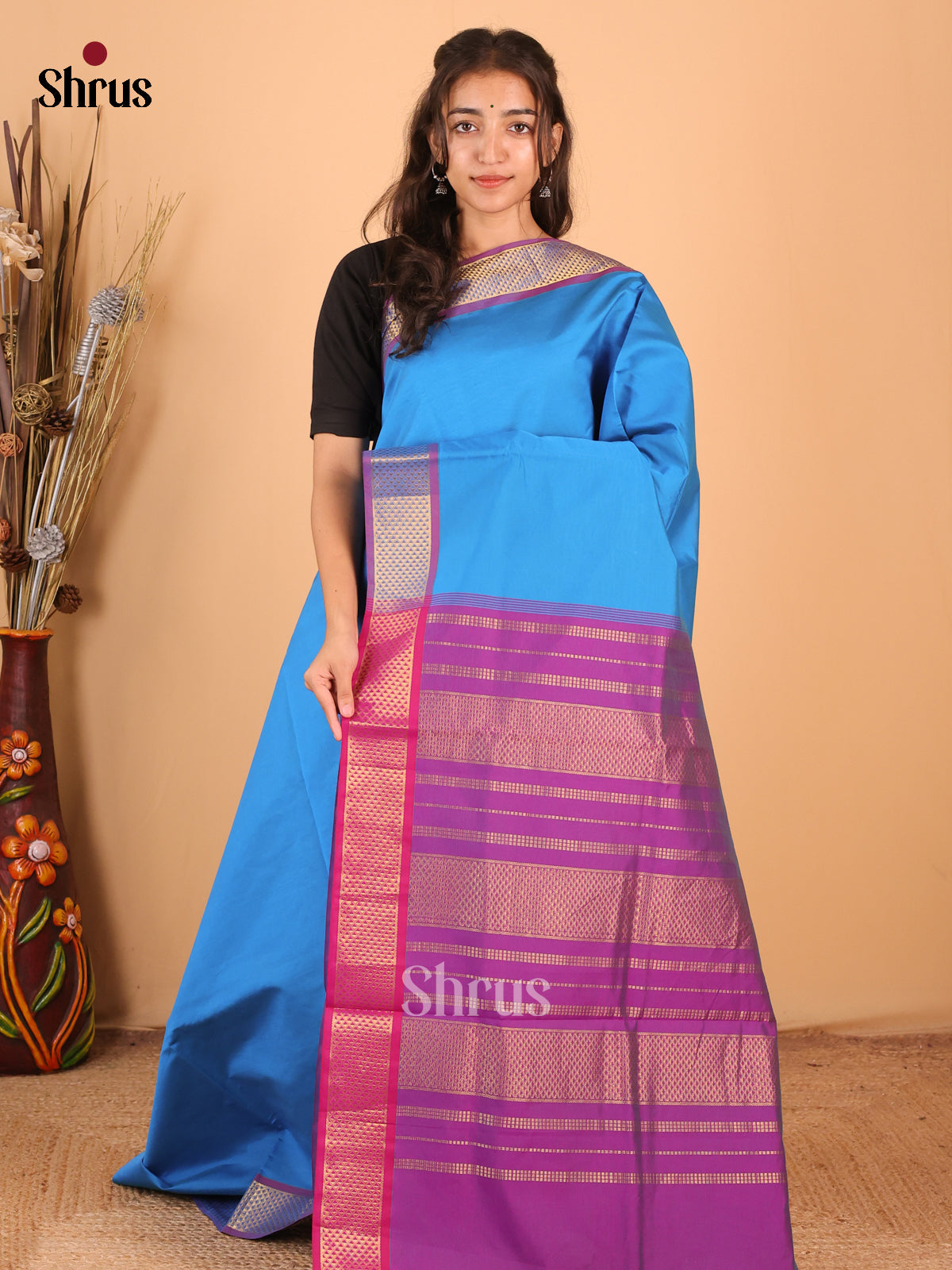 Blue & Purple- Silkcotton-halfpure  Saree - Shop on Shrus.com