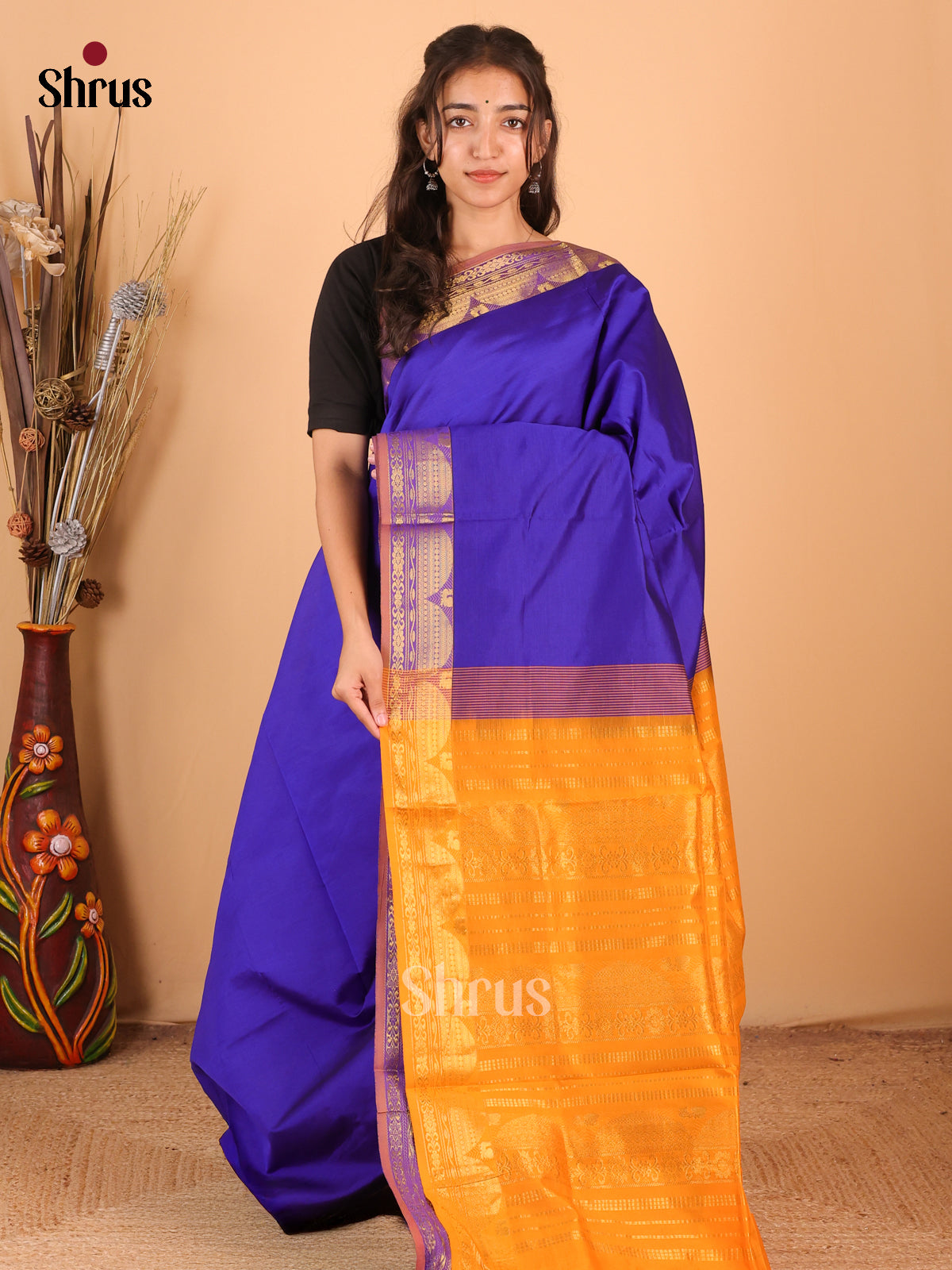 Blue & Orange - Silkcotton-halfpure  Saree - Shop on Shrus.com